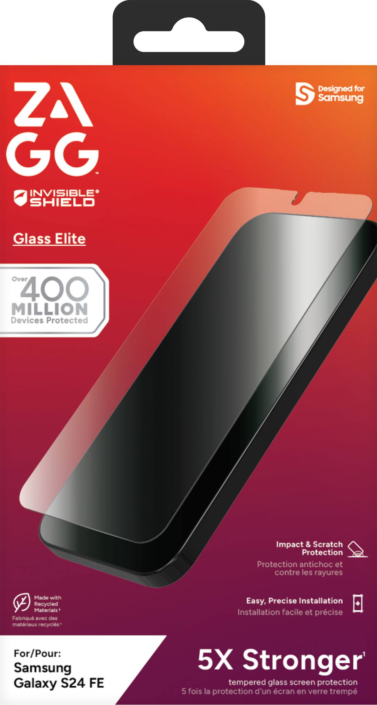 ZAGG InvisibleShield is designed for Samsung Glass Elite, offering over 400 million devices protected. This product provides impact and scratch protection, and it is made with recycled materials. The installation is easy and precise, ensuring a perfect fit for your Samsung Galaxy S24 FE. The 5X Stronger tempered glass screen protection offers five times the protection of a standard glass screen protector.