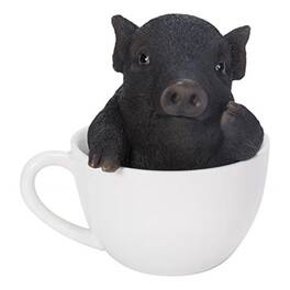 Pacific Trading - Rustic Lifelike Black Pig Piggy In Tea Cup Figurine Animal Farm Pigs Swine Decor