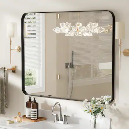 Front. LOVMOR - 36 in. W x 30 in. H Modern Rectangular Aluminum Framed Wall Bathroom Vantiry Mirror in Black - Black.