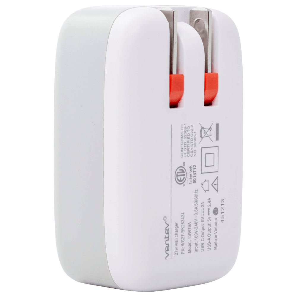 ventev  
TO 62368-1 CONFORMS US UL STD ETL C wall charger: WC27-BK252424 27w PN:  
IED TO STD C22.2 STD 62368-1 CERTIFI CSA NO. Intertek 5014712 ~0.8A 50/60Hz TSW19A 100V-240V Model:  
Input: 1000mA 50-60Hz 3A  
Output: USB-C 5V 3A USB-A 5V 2.4A  
Made in Vietnam  
451213