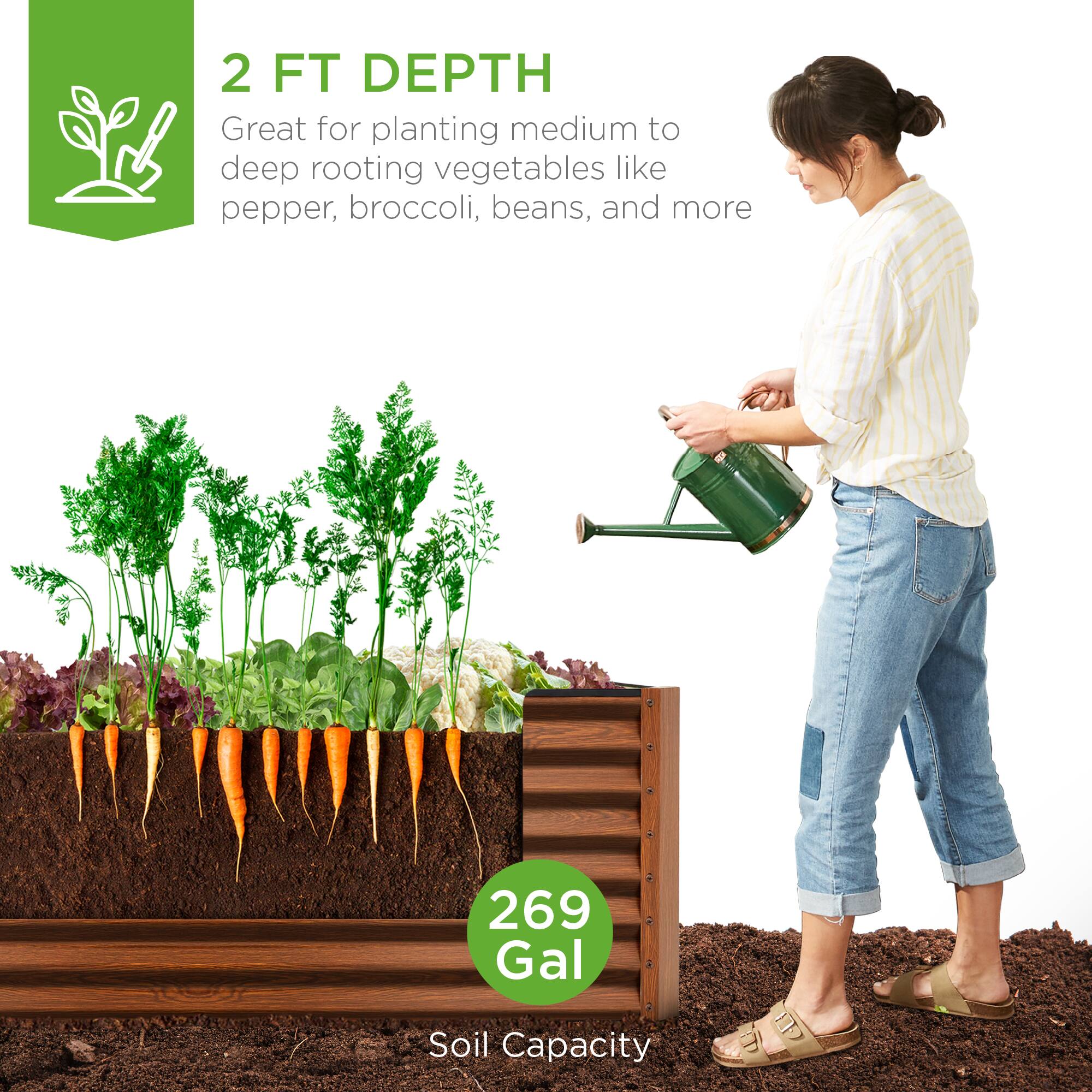 2 FT DEPTH  
Great for planting medium to deep rooting vegetables like pepper, broccoli, beans, and more  

269 Gal  
Soil Capacity