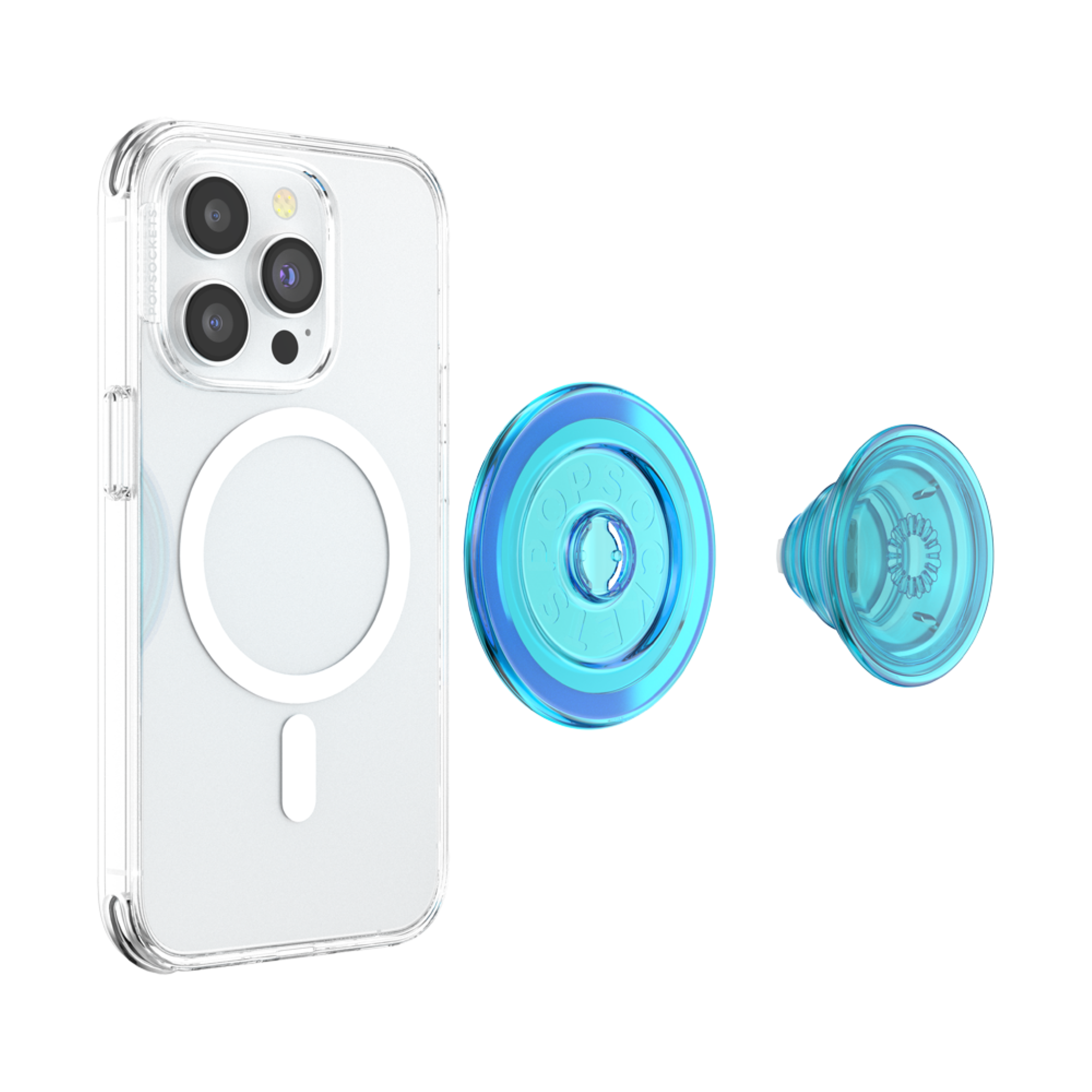 Left. PopSockets - MagSafe PopGrip Universal Magnetic Grip & Stand with Adapter Ring for Cell Phones - Electric Blue Translucent.