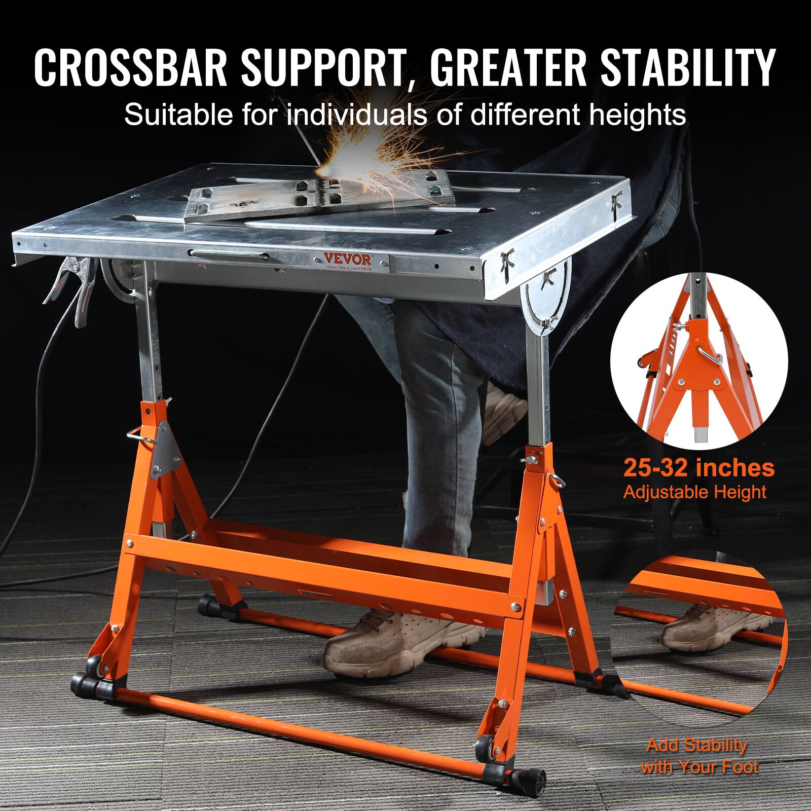 CROSSBAR SUPPORT, GREATER STABILITY  
Suitable for individuals of different heights  

25-32 inches Adjustable Height  

Add Stability with Your Foot