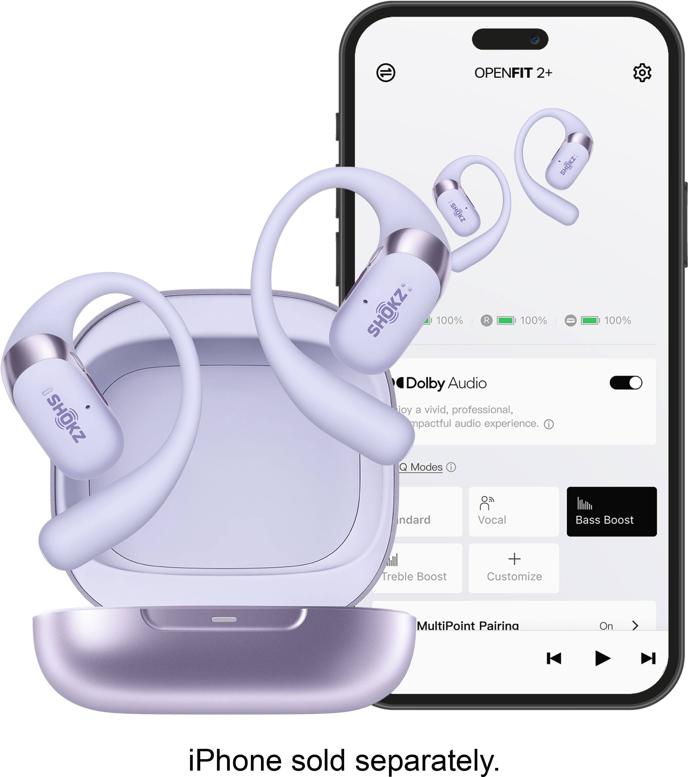 Sure, here is the corrected and grouped text:

---

**OPENFIT 2+**

Enjoy a vivid, professional, impactful audio experience.

- **Dolby Audio**
- **Q Modes**
  - Standard
  - Vocal
  - Bass Boost
  - Treble Boost
  - Customize
- **MultiPoint Pairing**
  - On

iPhone sold separately.

---