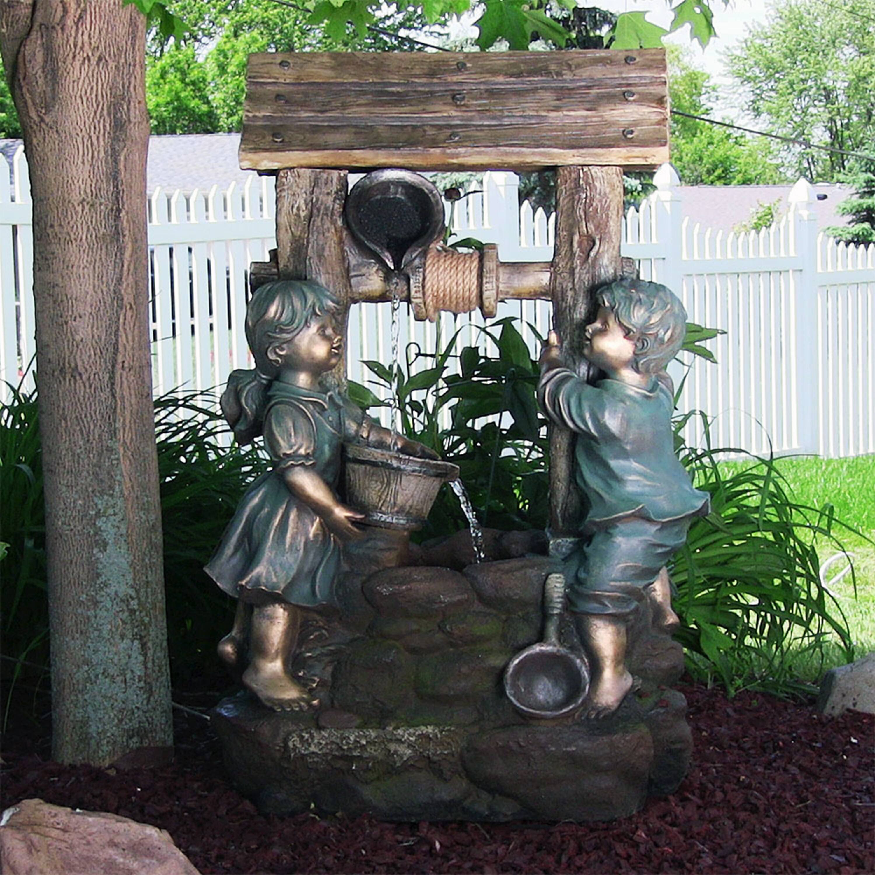 Alt View 3. Sunnydaze - Children at the Well Water Fountain with LED Lights - 39 in - Brown.