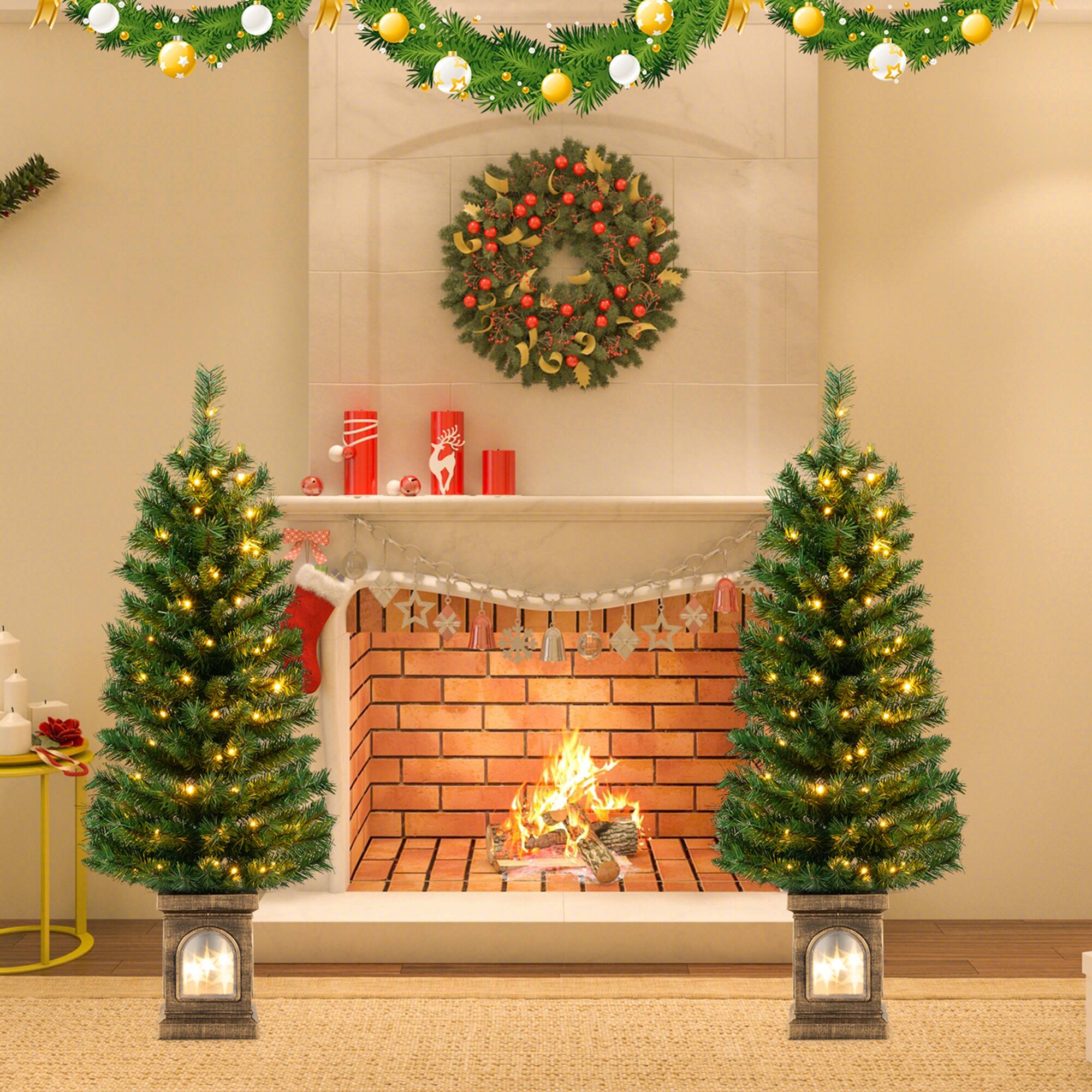 Alt View 2. Costway - Costway 2 PCS 4 FT Pre-Lit Potted Christmas Tree Artificial Entrance with 3 Lighting Modes - Green.