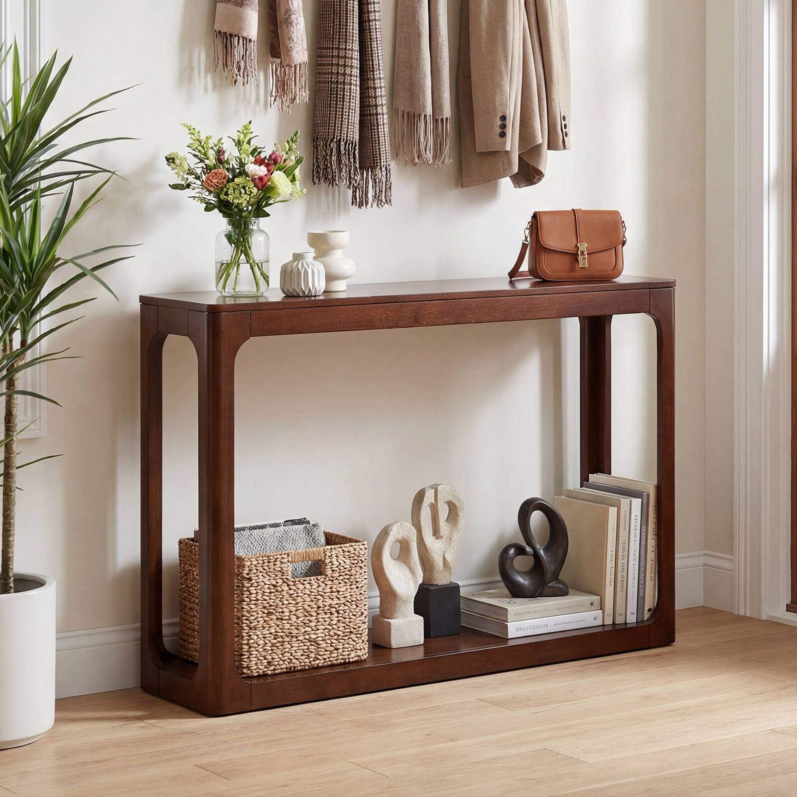 Alt View 1. Gymax - Gymax 47'' 2-Tier Mid Century Entryway Table w/Storage Shelf Solid Rubber Wood Frame - Brown.