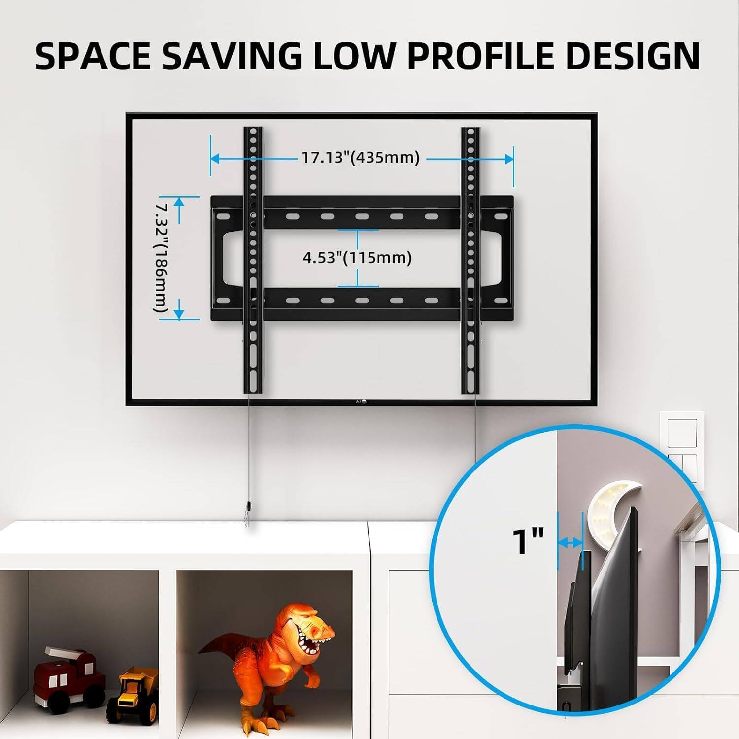 SPACE SAVING LOW PROFILE DESIGN

7.32" (186mm)  
17.13" (435mm)  
4.53" (115mm)  
1"