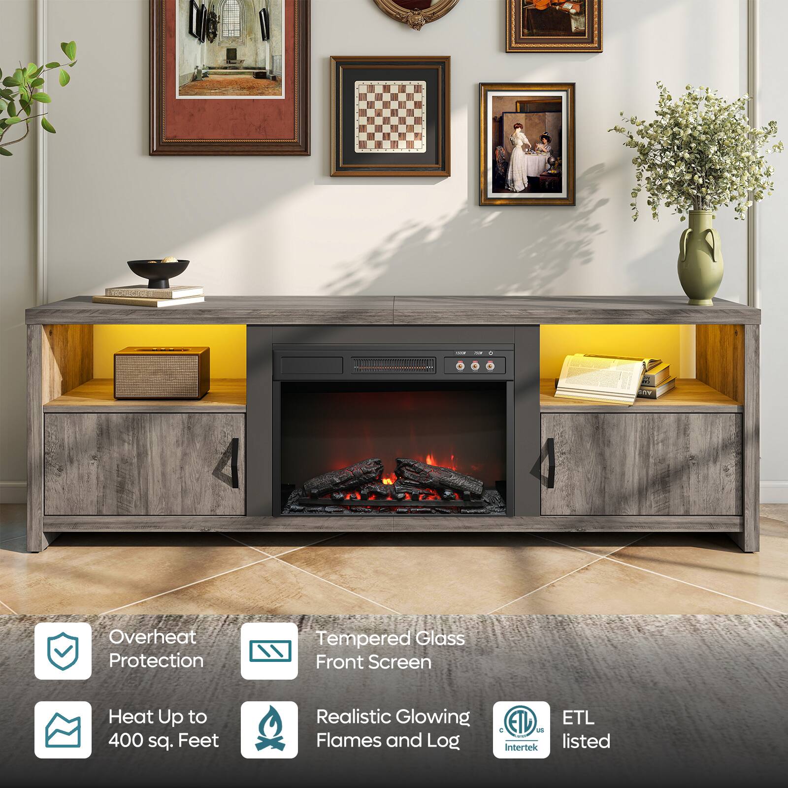 - Overheat Protection
- Tempered Glass Front Screen
- Heat Up to 400 sq. Feet
- Realistic Glowing Flames and Log
- ETL listed
- Intertek