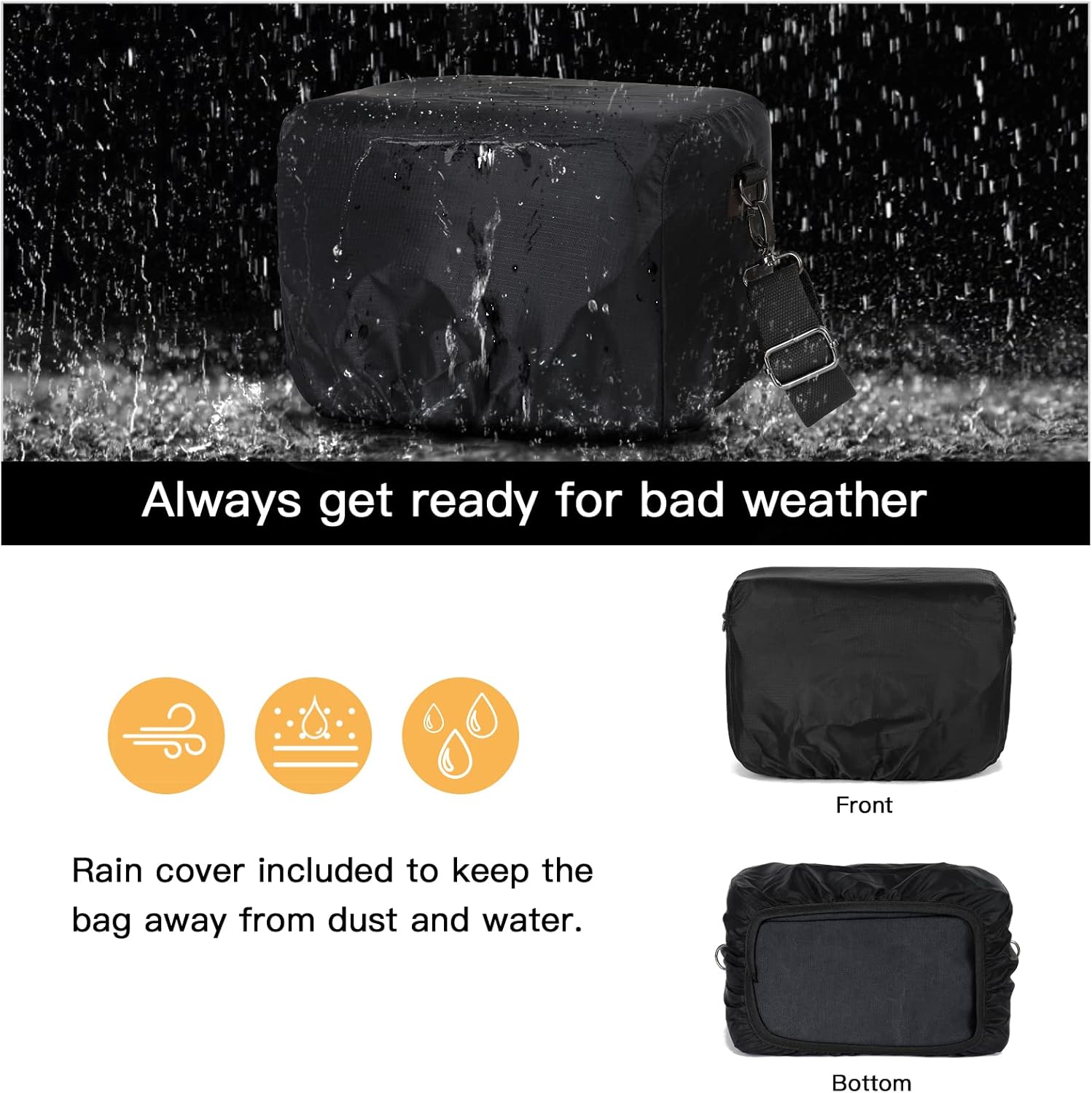 Always get ready for bad weather

Rain cover included to keep the bag away from dust and water.

Front
Bottom