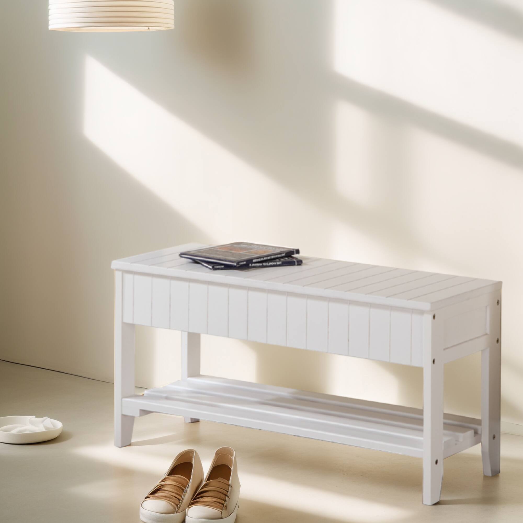 Alt View 1. GOODSILO - Solid Wood Entryway Storage Bench with Slatted Design for Organized Home Entry Spaces - White.