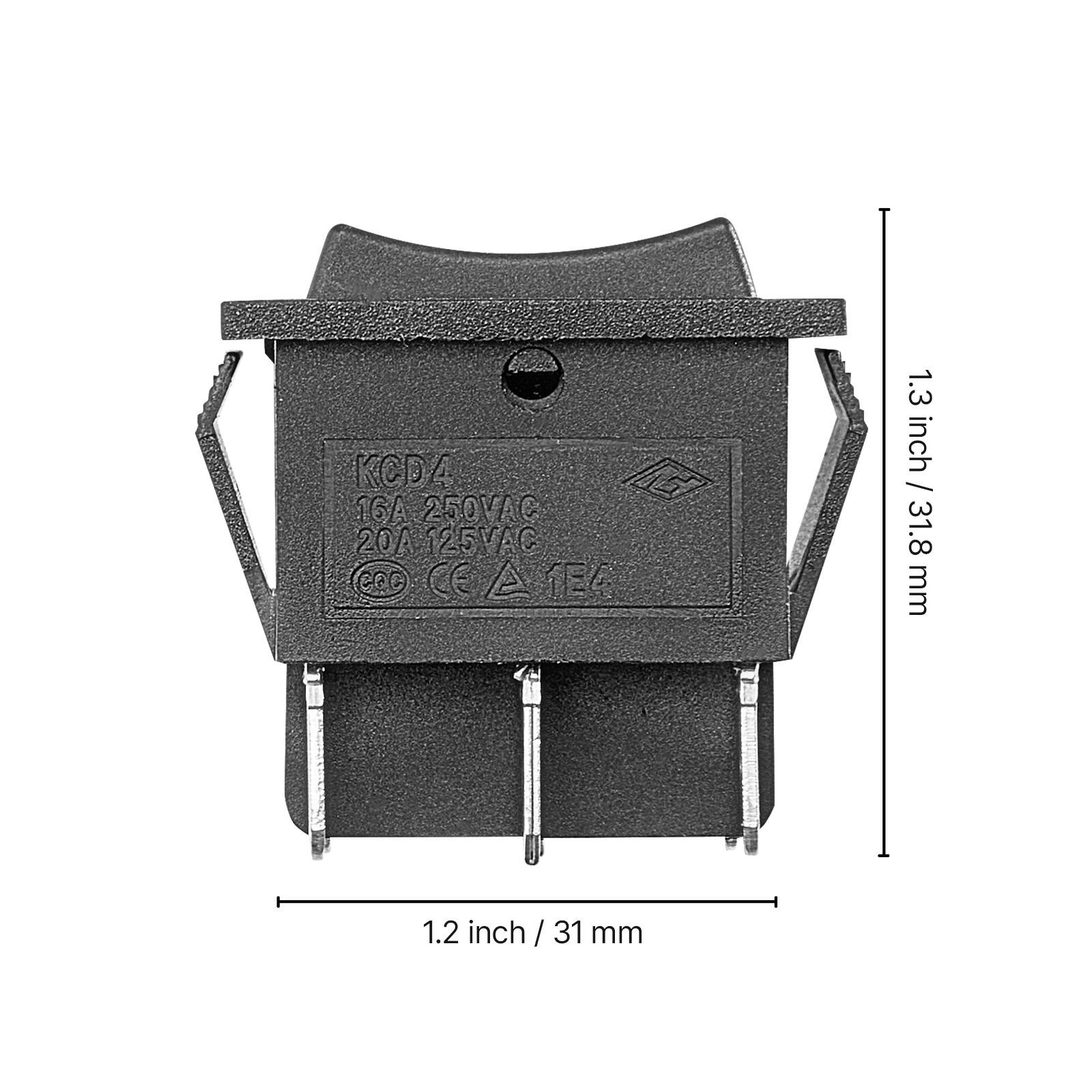 KCD4  
16A 250VAC  
20A 125VAC  
CQC CAT CE A  
1E4  
1.3 inch / 31.8 mm  
1.2 inch / 31 mm