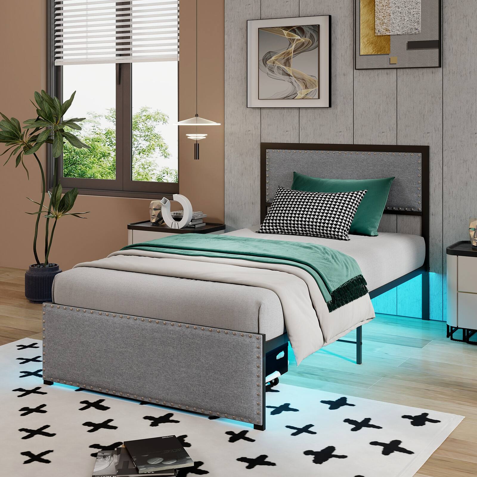 Alt View 5. LUCKY ONE - Twin Assembled Platform Bed Frame with LED Lights Rolling Drawer Metal Slats - Grey-Twin.