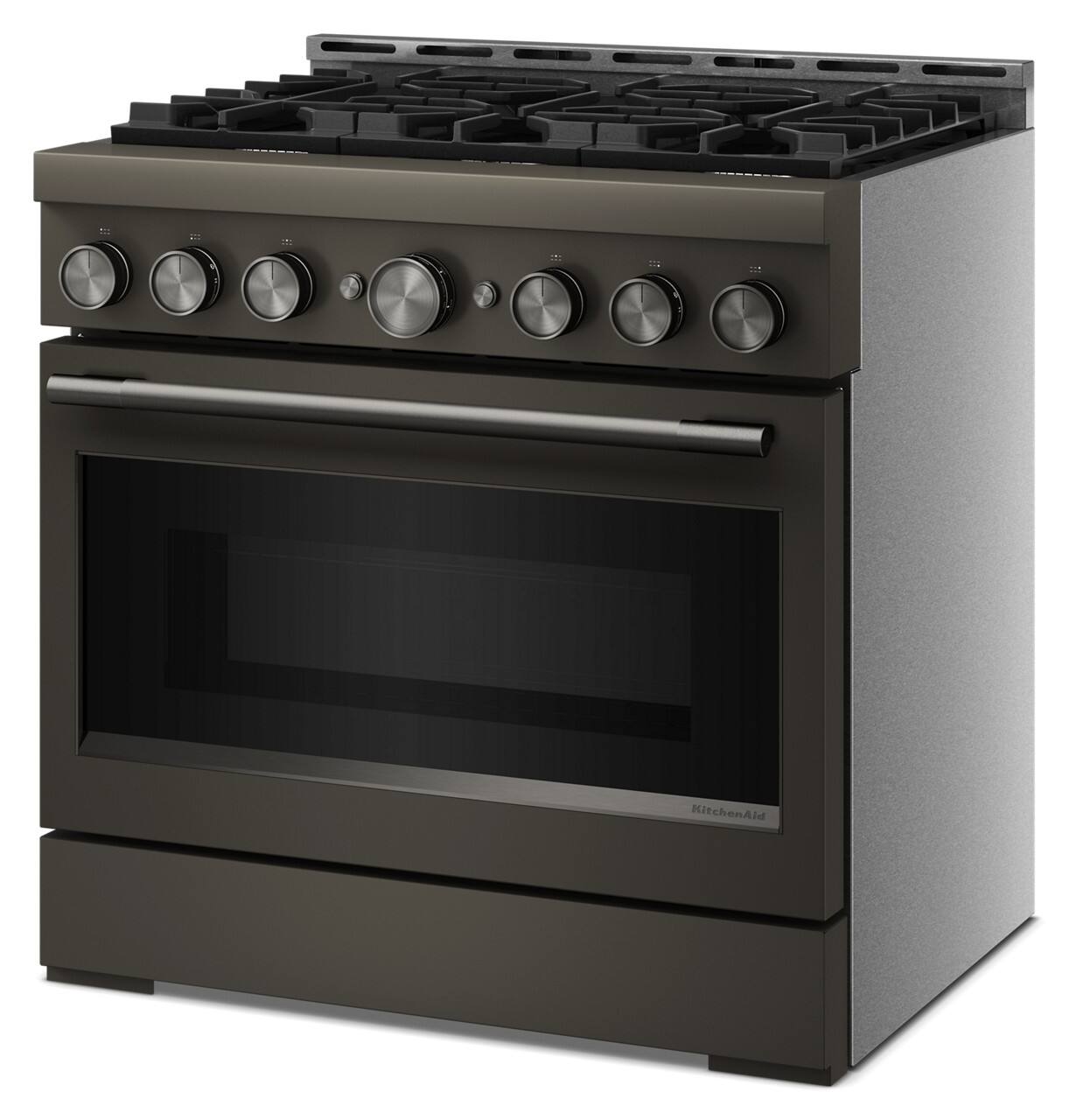 Left. KitchenAid - 5.1 Cu. Ft Commercial Gas Range with No Preheat Air Fry Mode and 6 Burner - Black Ore.