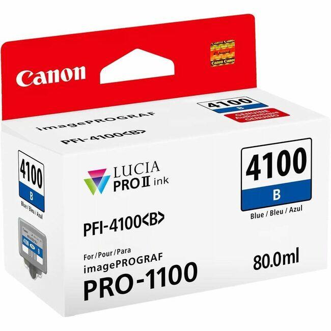 Canon imagePROGRAF  
PFI-4100<B>  
LUCIA PRO II ink  
80.0ml  
For/Pour/Para imagePROGRAF PRO-1100  
4100 B  
Blue / Bleu / Azul