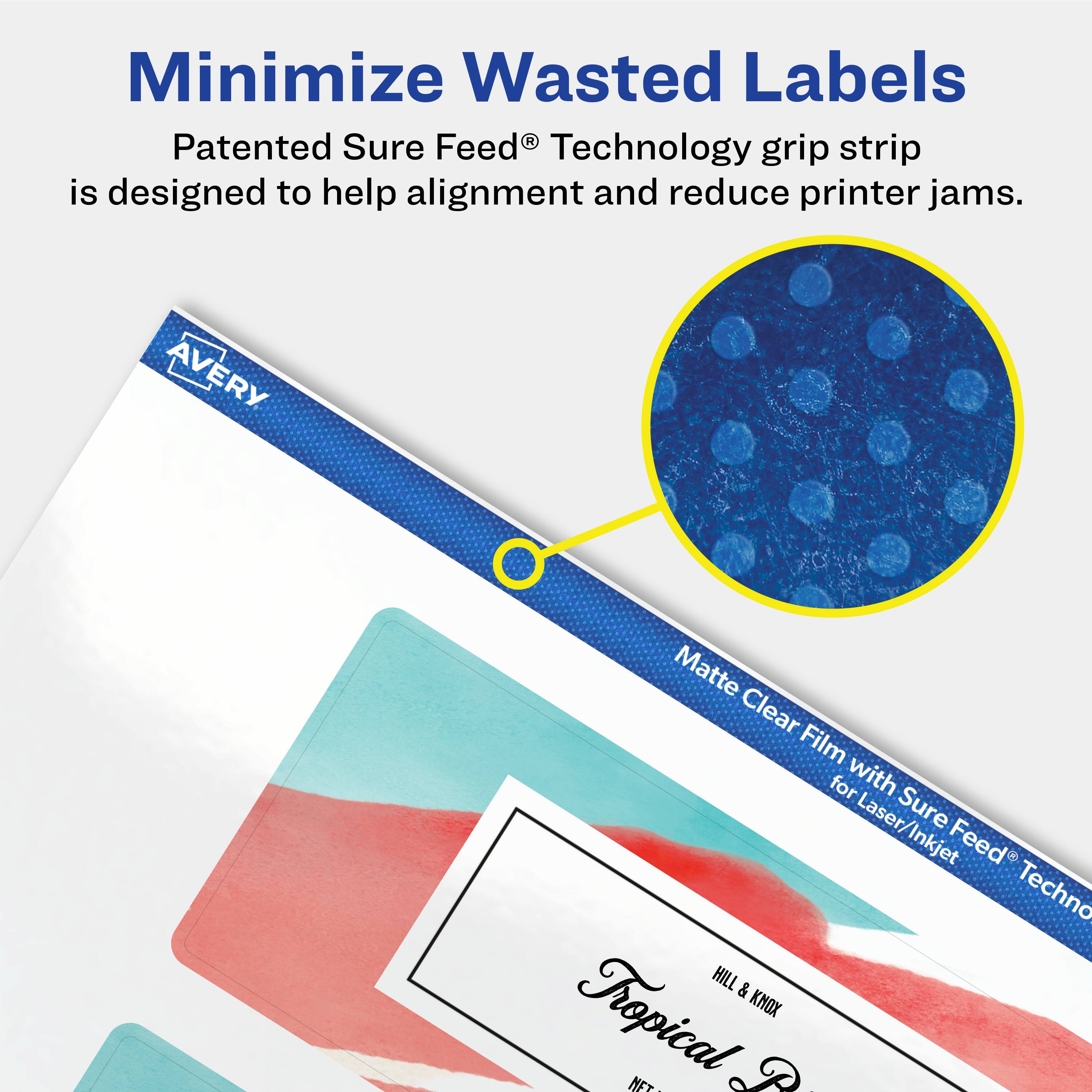 Minimize Wasted Labels

Patented Sure Feed® Technology grip strip is designed to help alignment and reduce printer jams.

Avery Matte Clear Film for Laser/Inkjet with Sure Feed® Technology

Hill & Knox Tropical