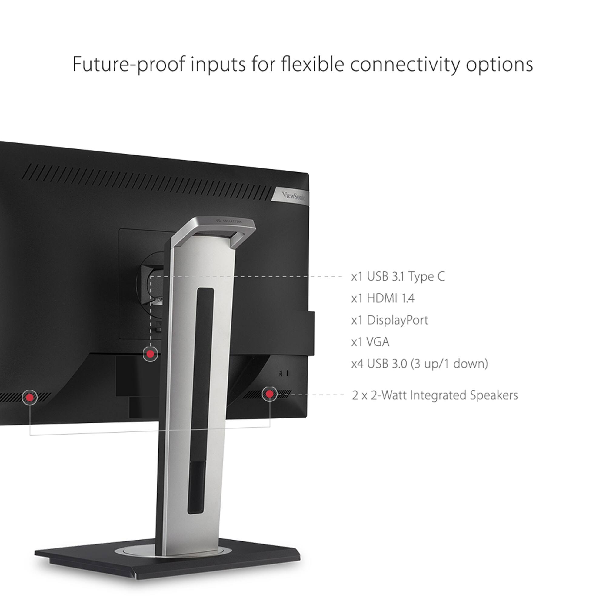Future-proof inputs for flexible connectivity options:

* 1 x USB 3.1 Type C
* 1 x HDMI 1.4
* 1 x DisplayPort
* 1 x VGA
* 4 x USB 3.0 (3 up/1 down)
* 2 x 2-Watt Integrated Speakers