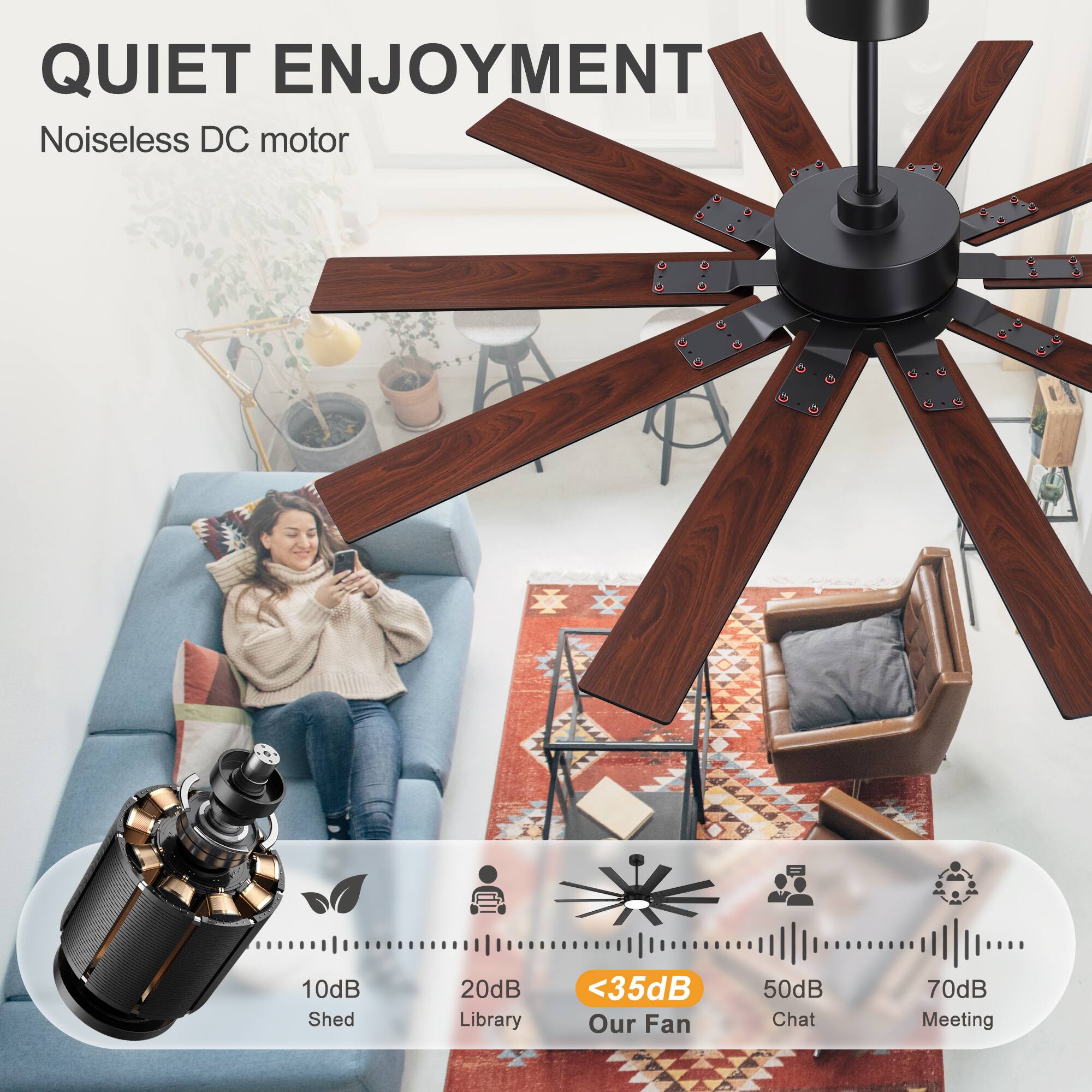 QUIET ENJOYMENT  
Noiseless DC motor  
10dB Shed  
20dB Library  
<35dB Our Fan  
50dB Chat  
70dB Meeting