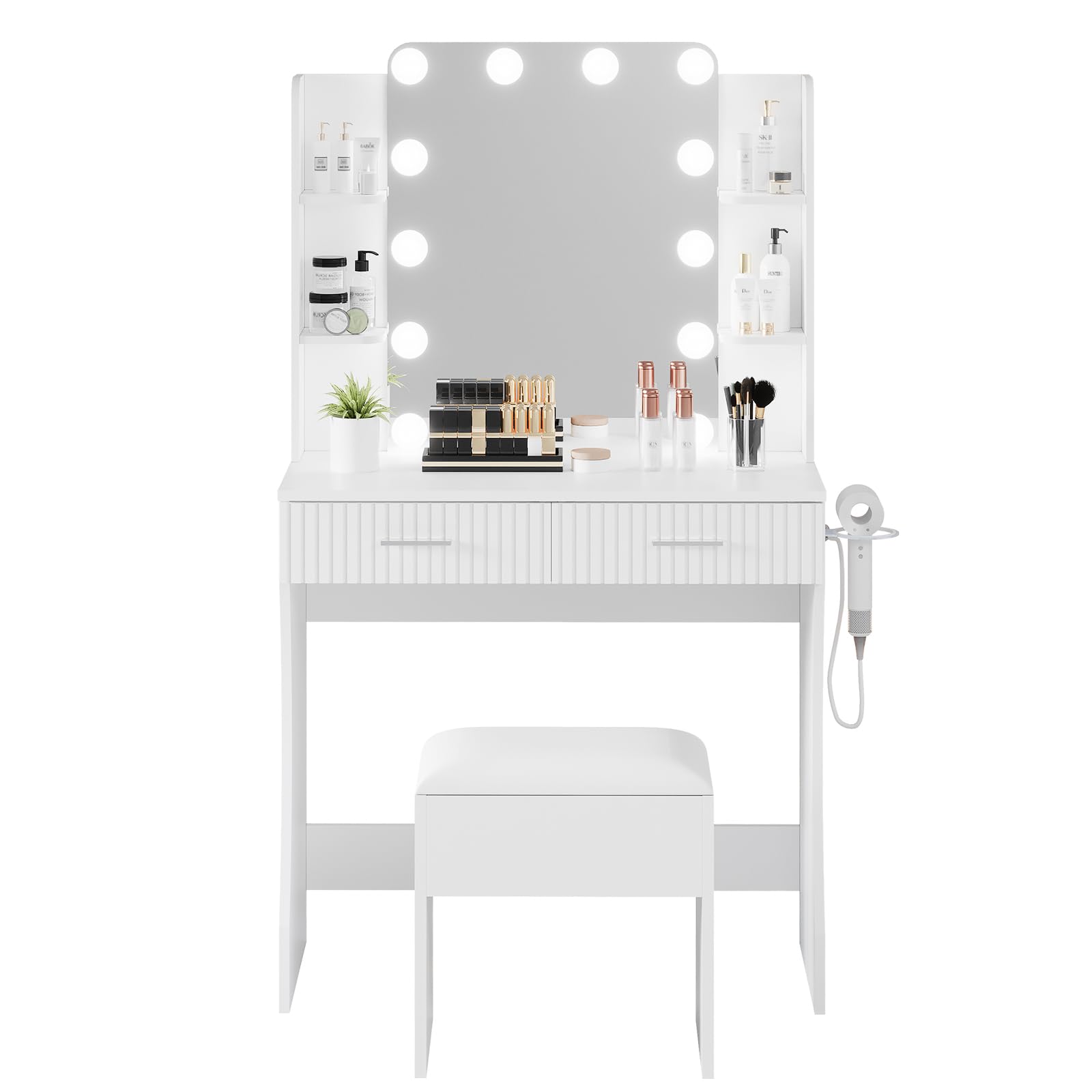 Acekool - Makeup Vanity with Mirror and LED Lights, Vanity Desk with Power Outlet, 2 Drawers 6 Shelves, Hair Dryer Rack & Stool - White