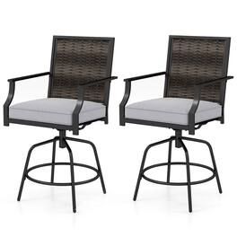 Costway - Outdoor PE Wicker Swivel Bar Stools Set of 2 with Back Armrests and Cushion - Mix Gray + Gray