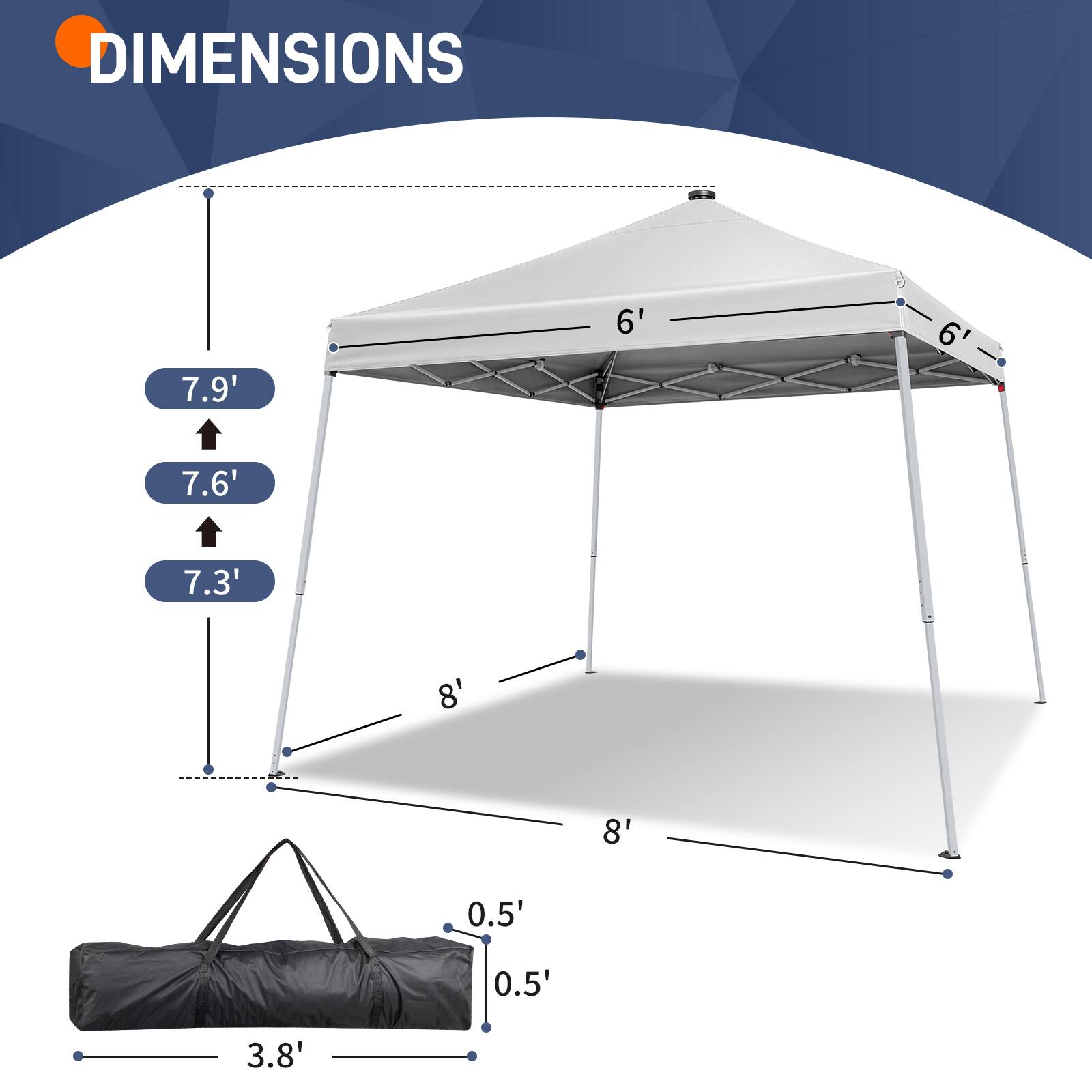DIMENSIONS  
7.9'  
7.6'  
7.3'  
8'  
8'  
6'  
6'  
0.5'  
0.5'  
3.8'