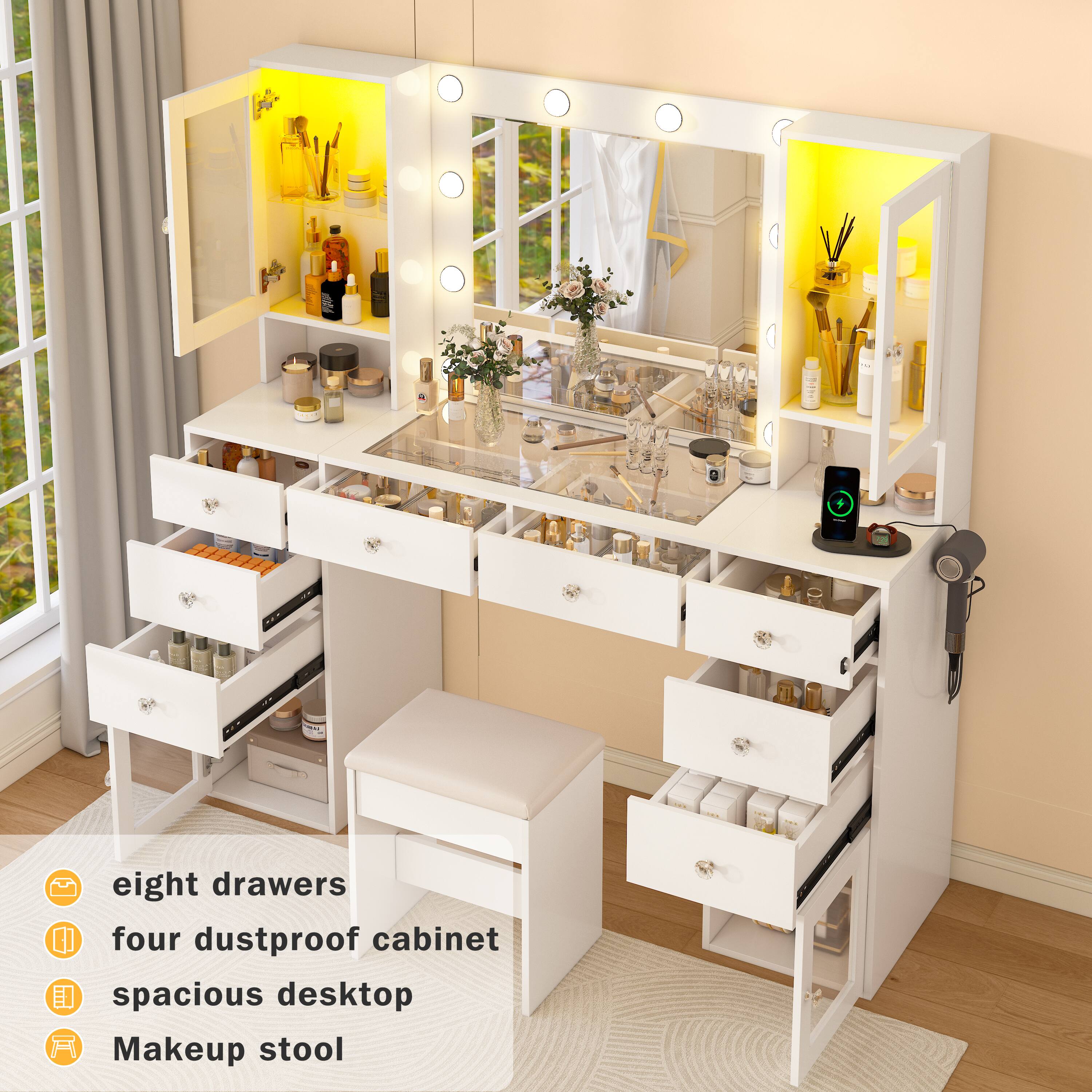 eight drawers  
four dustproof cabinet  
spacious desktop  
Makeup stool