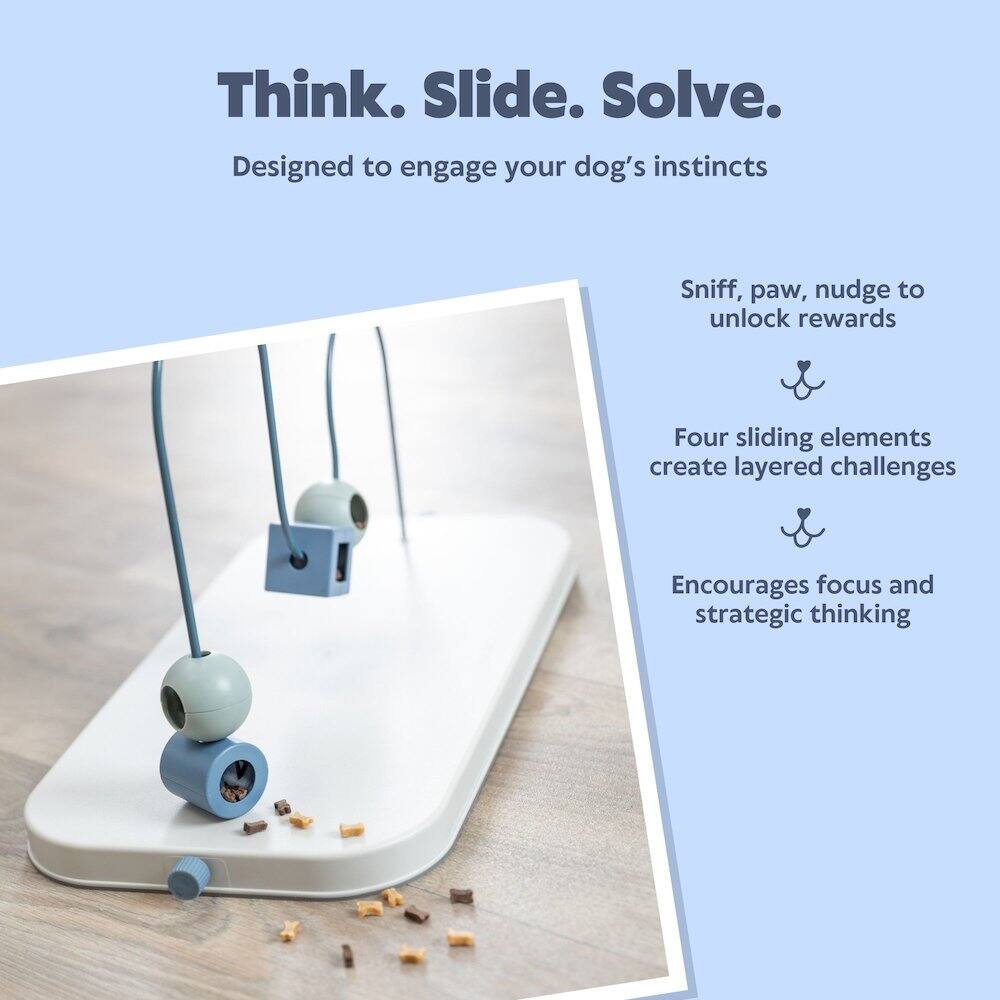 Think. Slide. Solve.  
Designed to engage your dog's instincts  

Sniff, paw, nudge to unlock rewards  

Four sliding elements create layered challenges  

Encourages focus and strategic thinking