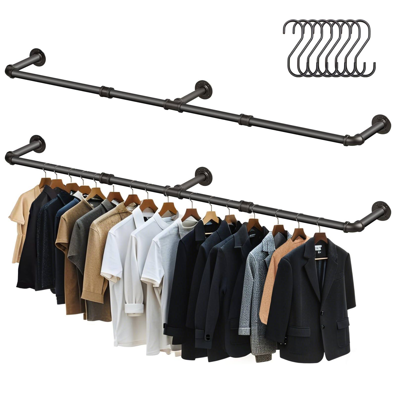 Front. ThinkLink Electronic - 65.7in Industrial Pipe Wall Mounted Clothes Rack Heavy Duty Detachable Iron Garment Bar Rustic Space-saving - 2.