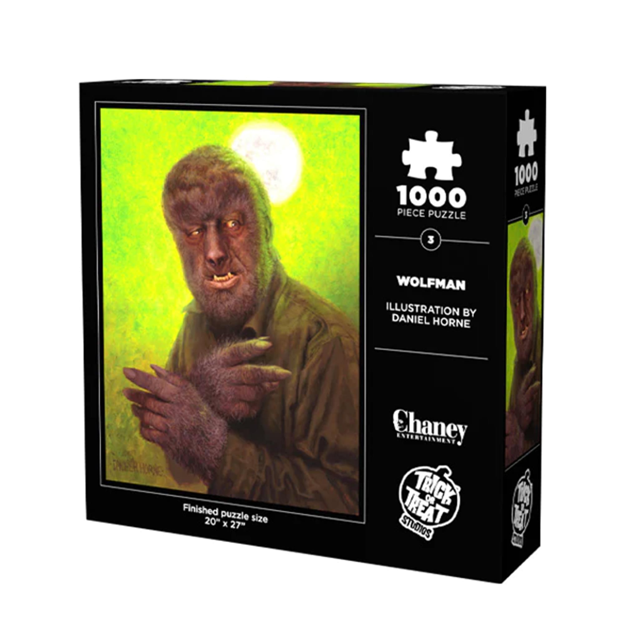1000 Piece Puzzle  
1000 Pieces  
Wolfman  
Illustration by Daniel Horne  
Finished Puzzle Size: 20" x 27"  
Chaney Entertainment  
Trick 'r Treat Studios