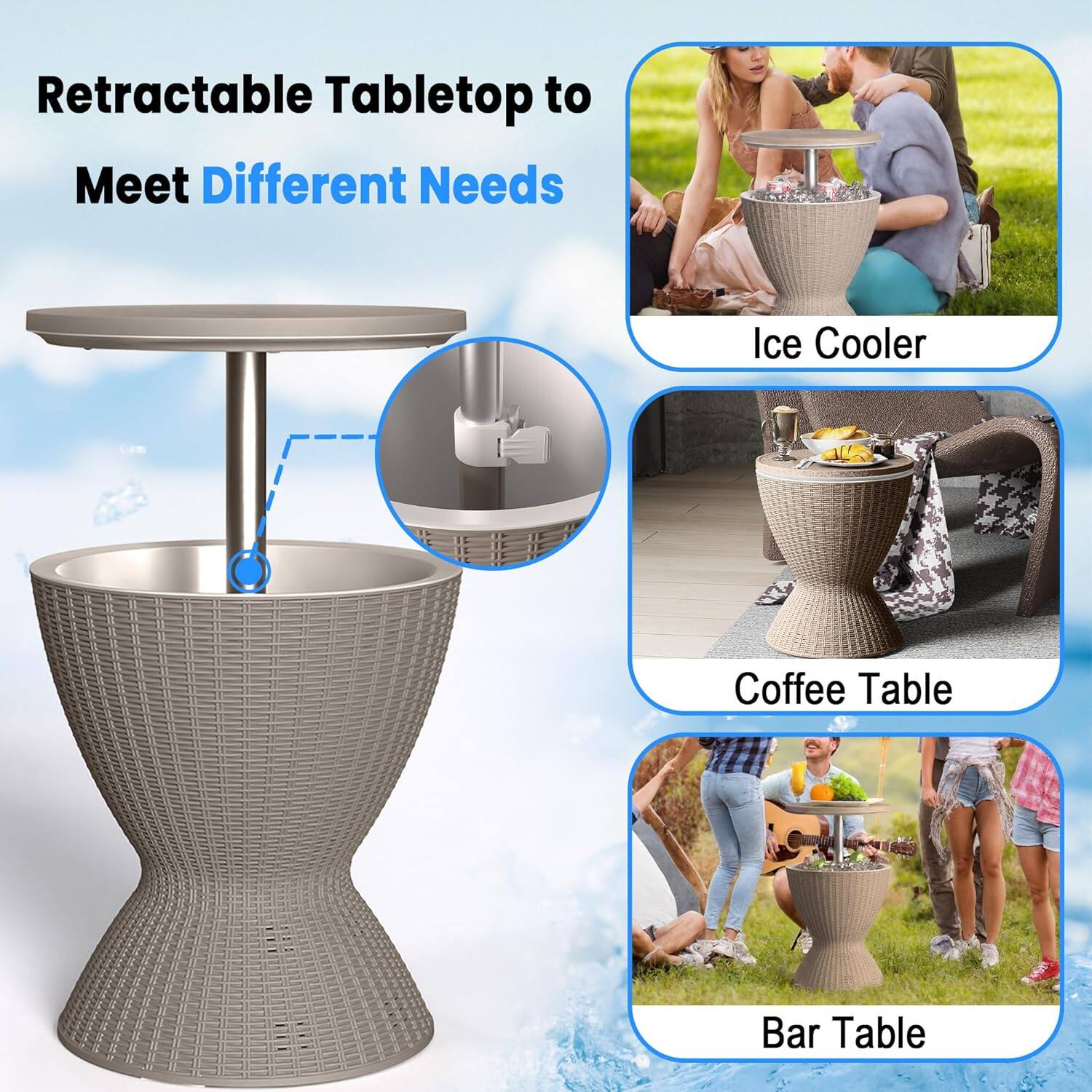 Retractable Tabletop to Meet Different Needs

- Ice Cooler
- Coffee Table
- Bar Table