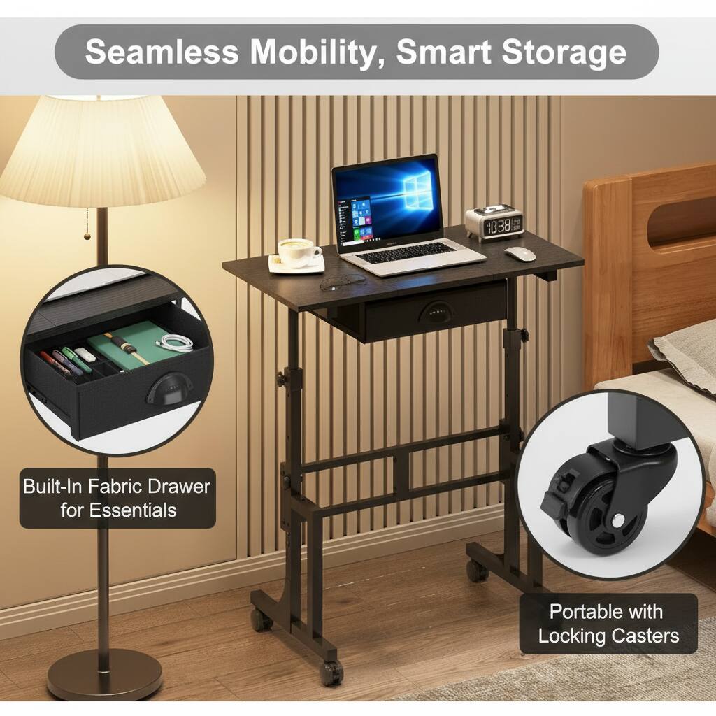 Seamless Mobility, Smart Storage

1. Built-In Fabric Drawer for Essentials
2. Portable with Locking Casters