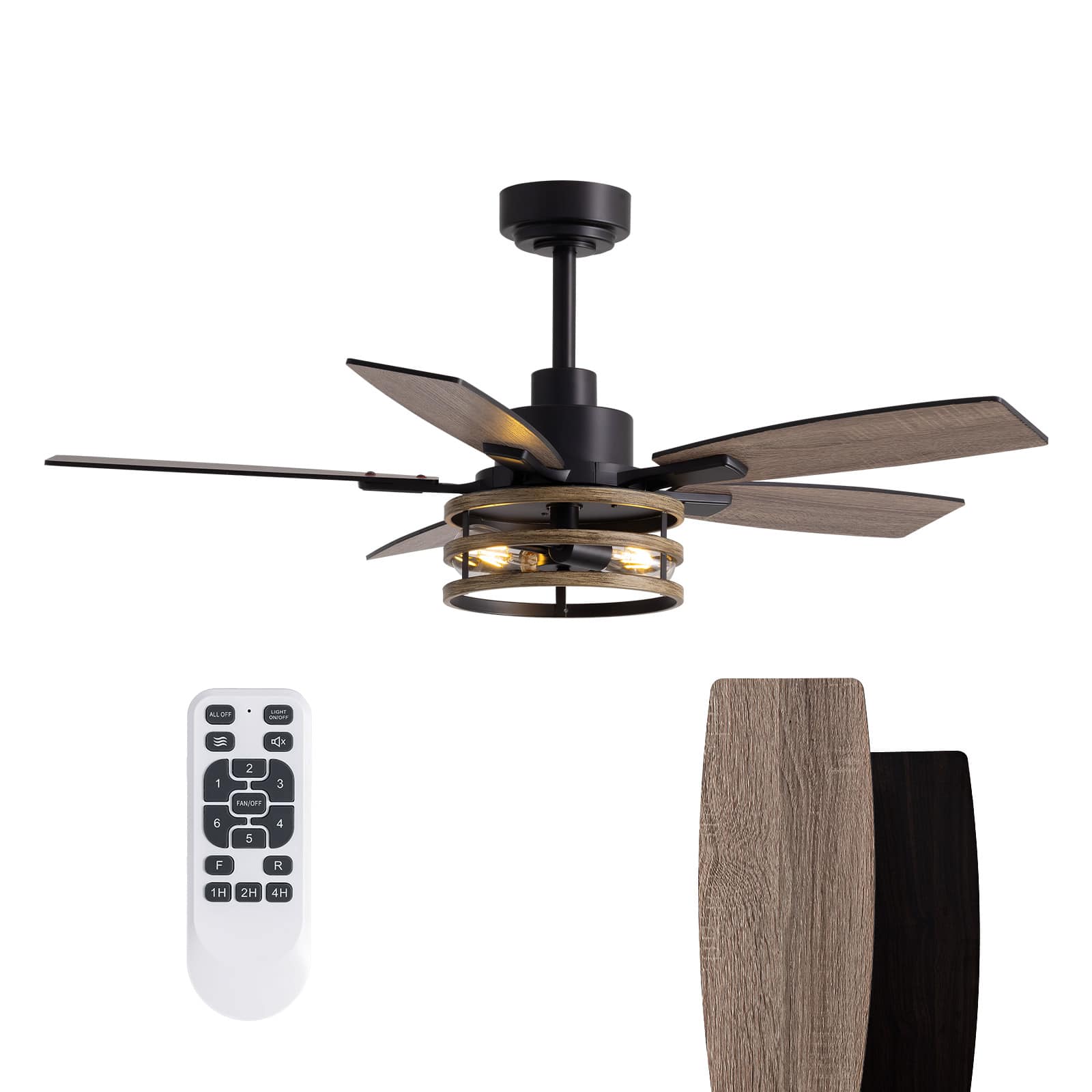 Siljoy - 46 Inch Black Ceiling Fan with Lights and Remote Rustic Cage Fits Patio Bedroom Living Room - Brown