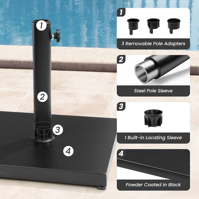 1. 3 Removable Pole Adapters
2. 1 Steel Pole Sleeve
3. 1 Built-in Locating Sleeve
4. 4 Powder Coated in Black
