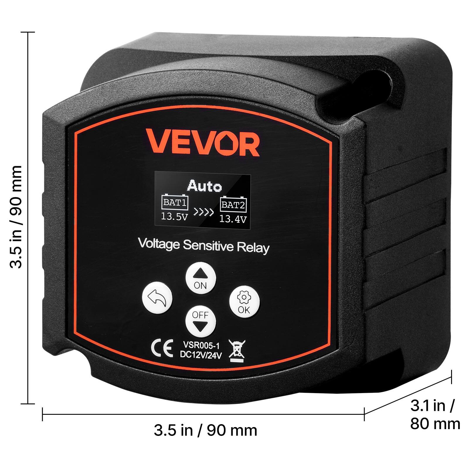 mm 90 / 3.5 in / 90 3.5 in VEVOR Auto BAT1 BAT2 13.5V >>>> 13.4V Voltage Sensitive Relay ON OK OFF CE VSR005-1 DC12V/24V 3.5 in / 90 mm 3.1 in / 80 mm