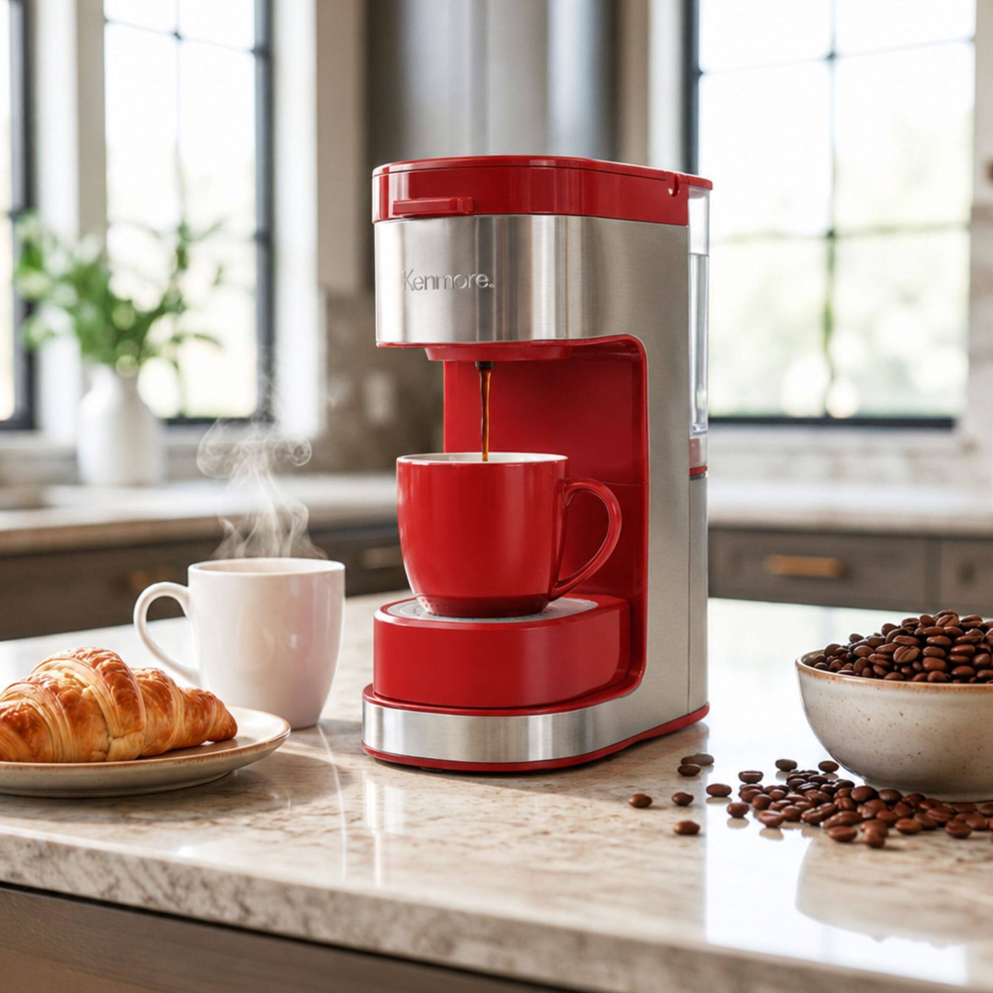 Angle. Kenmore - Kenmore Single-Serve Coffee Maker & Stainless Steel Travel Mug- RED - RED.