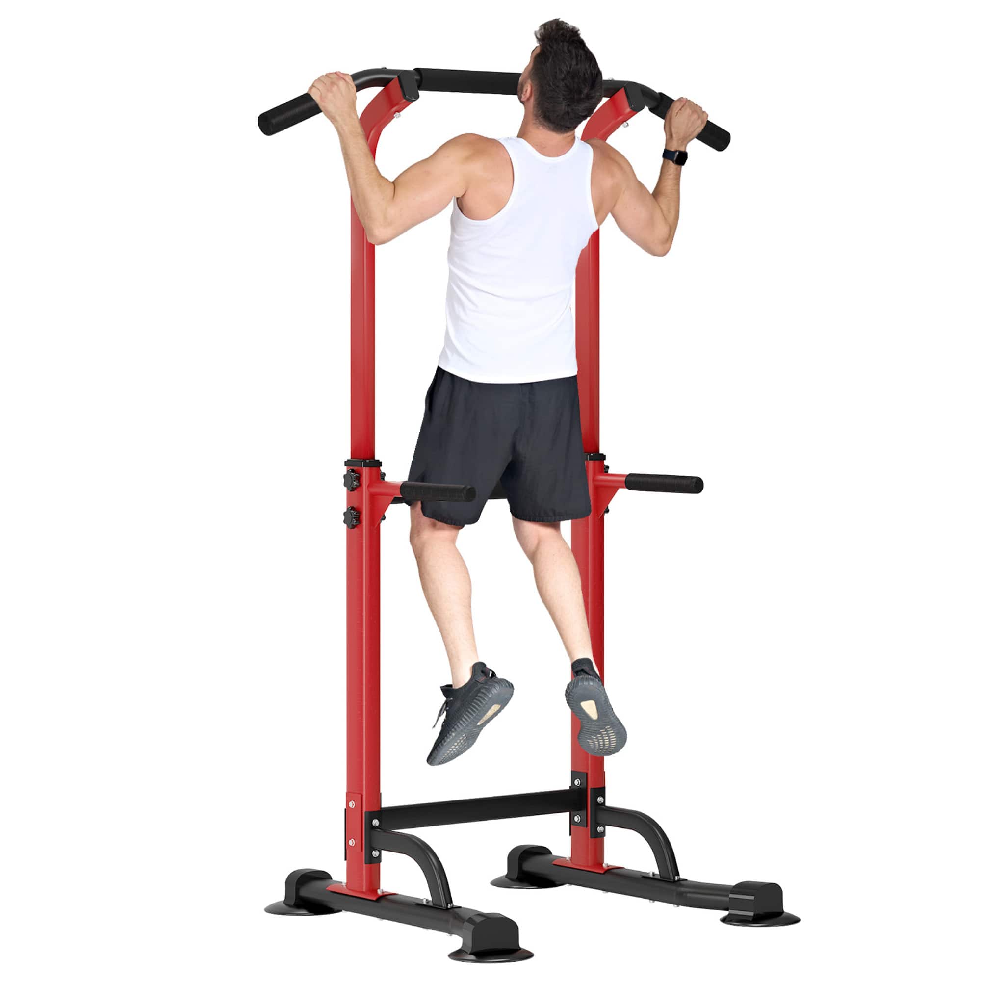 ELEMENT ACE - Multifunctional Adjustable Pull Up Bar and Dip Station with 10 Height Settings for Complete Home Strength Training - Red+Black