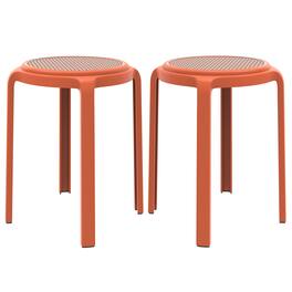 LeisureMod - Tresse Stackable Round Poly Stool with Wicker Top, Modern Outdoor Counter Height Patio Barstool Set of 2 - Orange