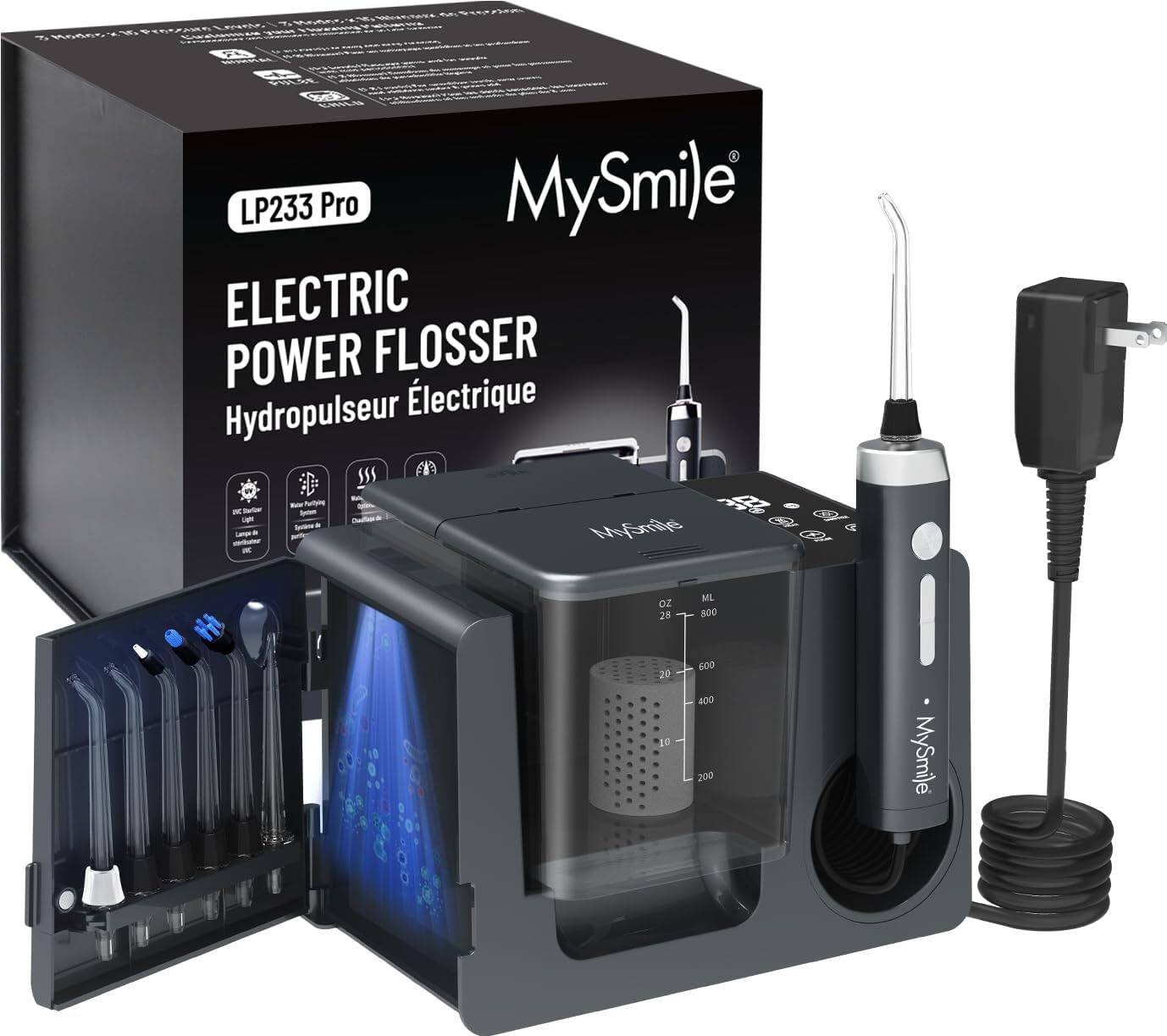 HRE aiddn aaddaes LP233 Pro MySmile ELECTRIC POWER FLOSSER Hydropulseur lectrique SSS Pertyn - -ee - MySmife - oz 28 ML 800 20 1O 600 400 200 MySmile