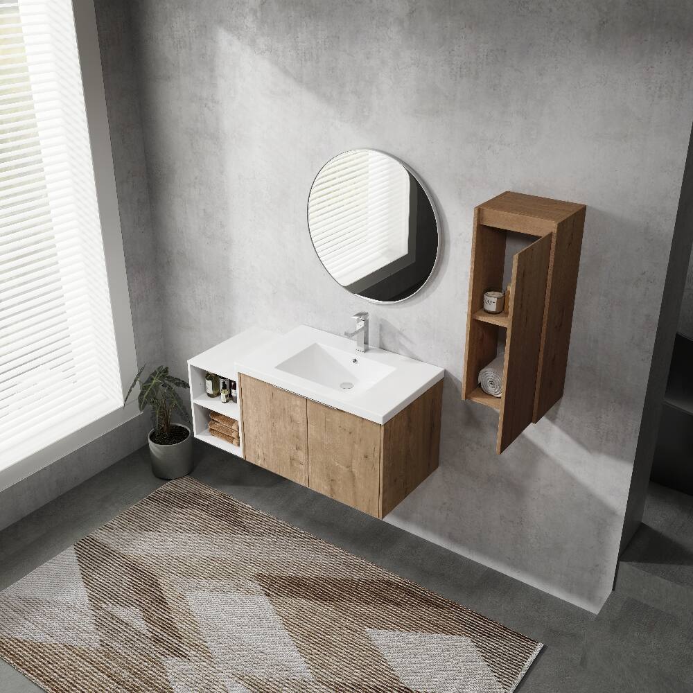Alt View 7. Loheer - Loheer 42 inch wall mounted bathroom vanity Imitative Oak Floating Cabinet with Resin Sink - Imitative Oak.