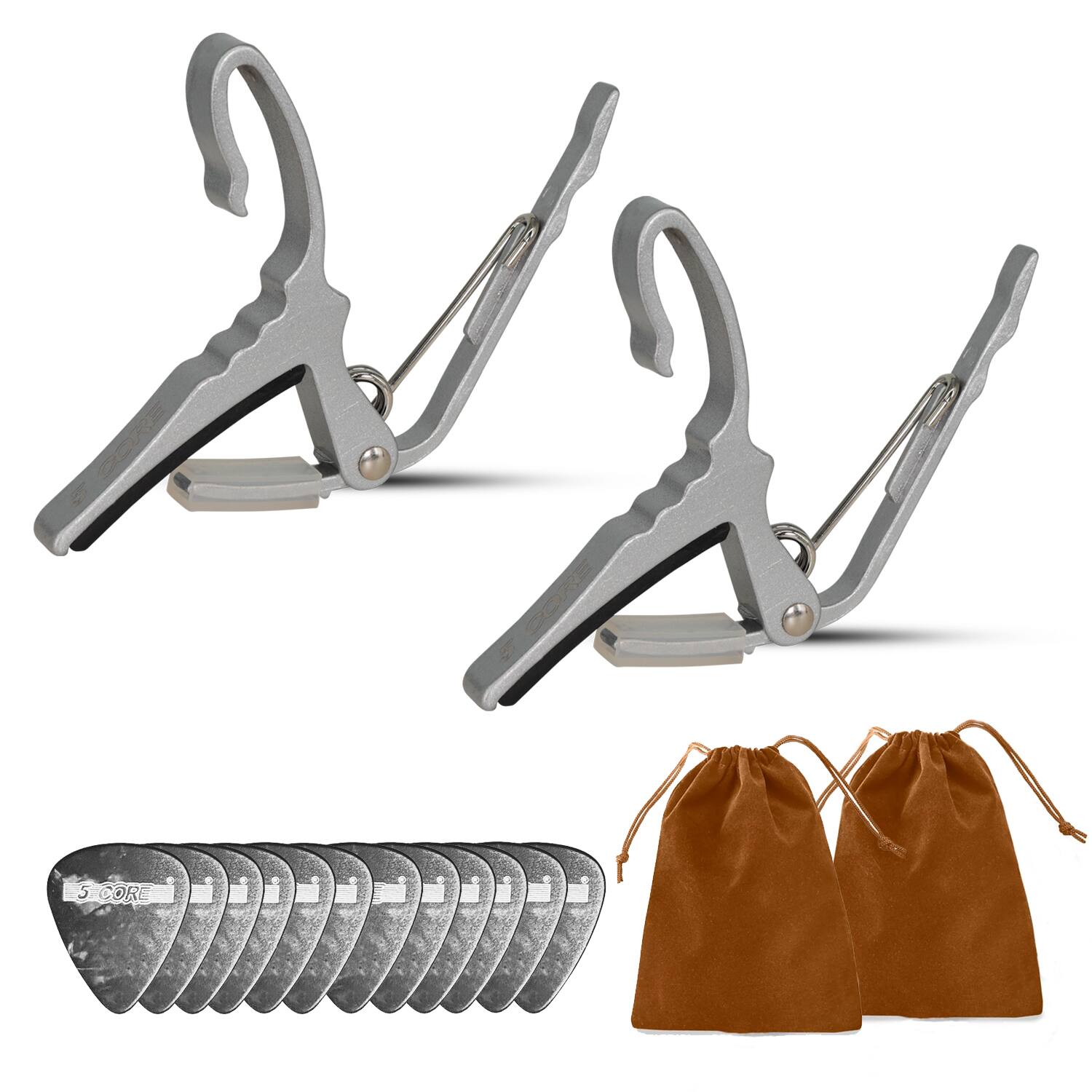 Front. 5 CORE - 5 Core Guitar Capo Pair Quick Change Acoustic Electric String Clip Banjo Mandolin Or Ukulele Silver - Silver.
