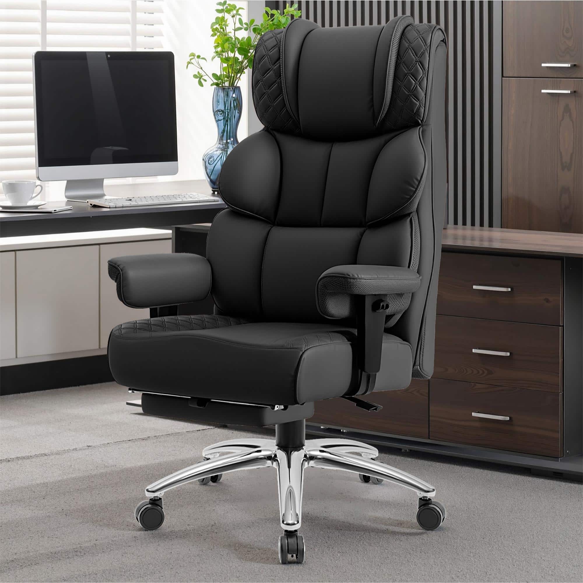 Front. KERDOM - Big Tall Executive PU Leather Chair with Footrest & Lumbar Pillow, High Back Reclining Office Chair, Swivel Boss Chair - Black.