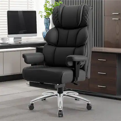 Front. KERDOM - Big Tall Executive PU Leather Chair with Footrest & Lumbar Pillow, High Back Reclining Office Chair, Swivel Boss Chair - Black.