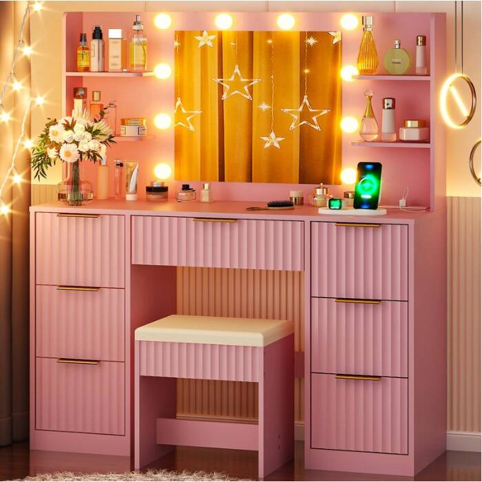 Alt View 1. Winado - Fluted Makeup Vanity Set with Lighted Mirror & Charging Station, Dressing Table w/ 7 Drawers for Femal Gift - Pink.