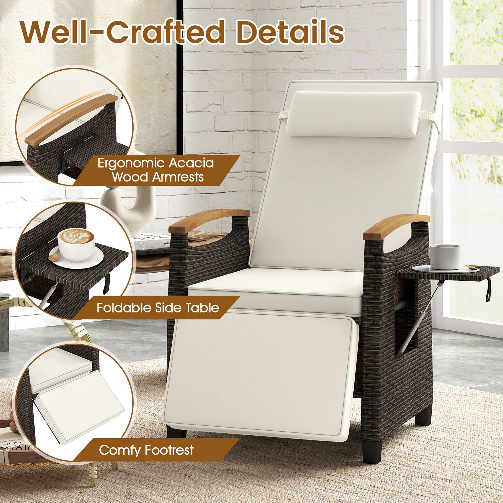 Well-Crafted Details
Ergonomic Acacia Wood Armrests
Foldable Side Table
Comfy Footrest