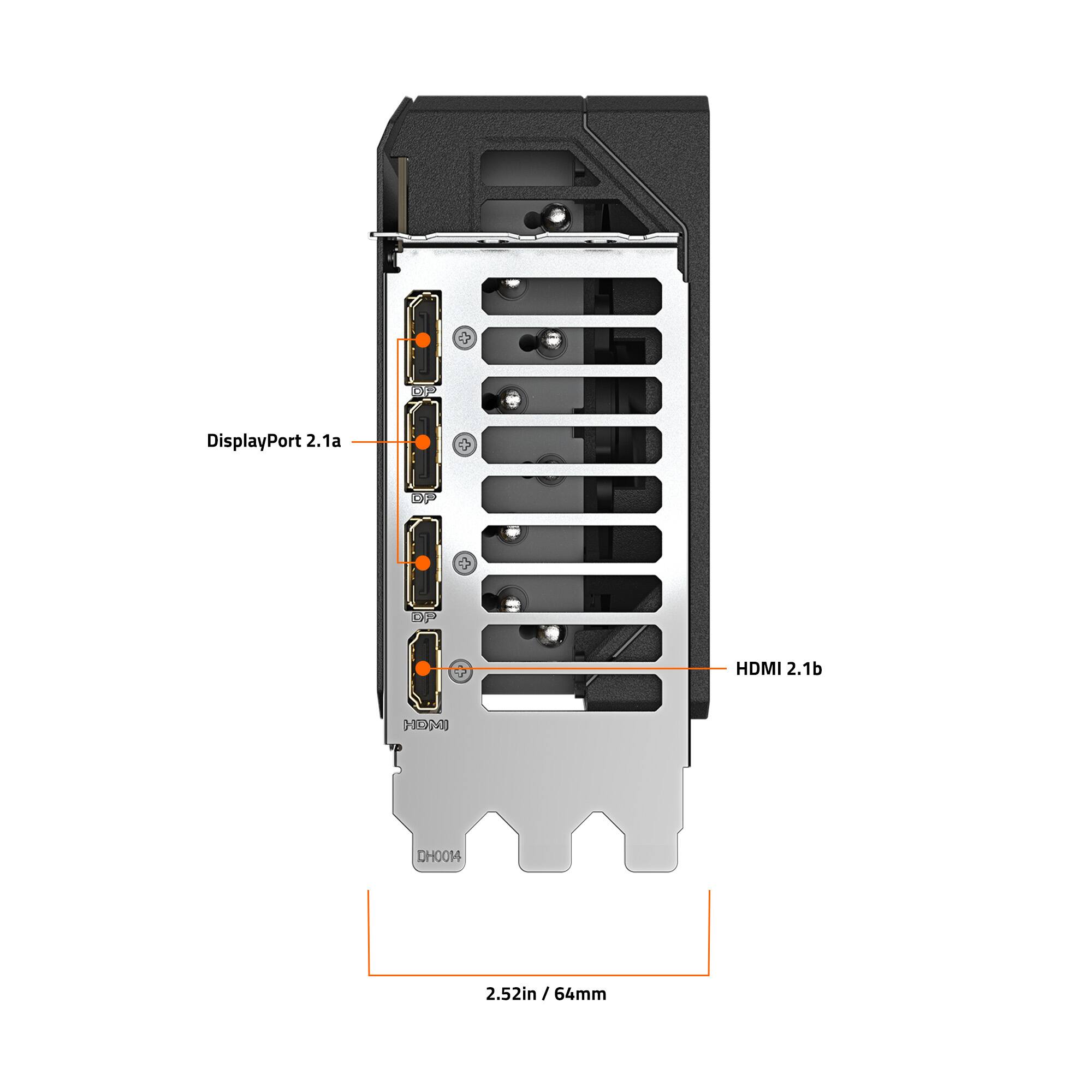 The image features a close-up of a display port box with a diagram showing the ports and their connections. The box has a display port 2.1a and a display port 2.1b. It also has a 3.5mm headphone jack and a 5.25mm HDMI 2.1b port. The box is 64mm in size.