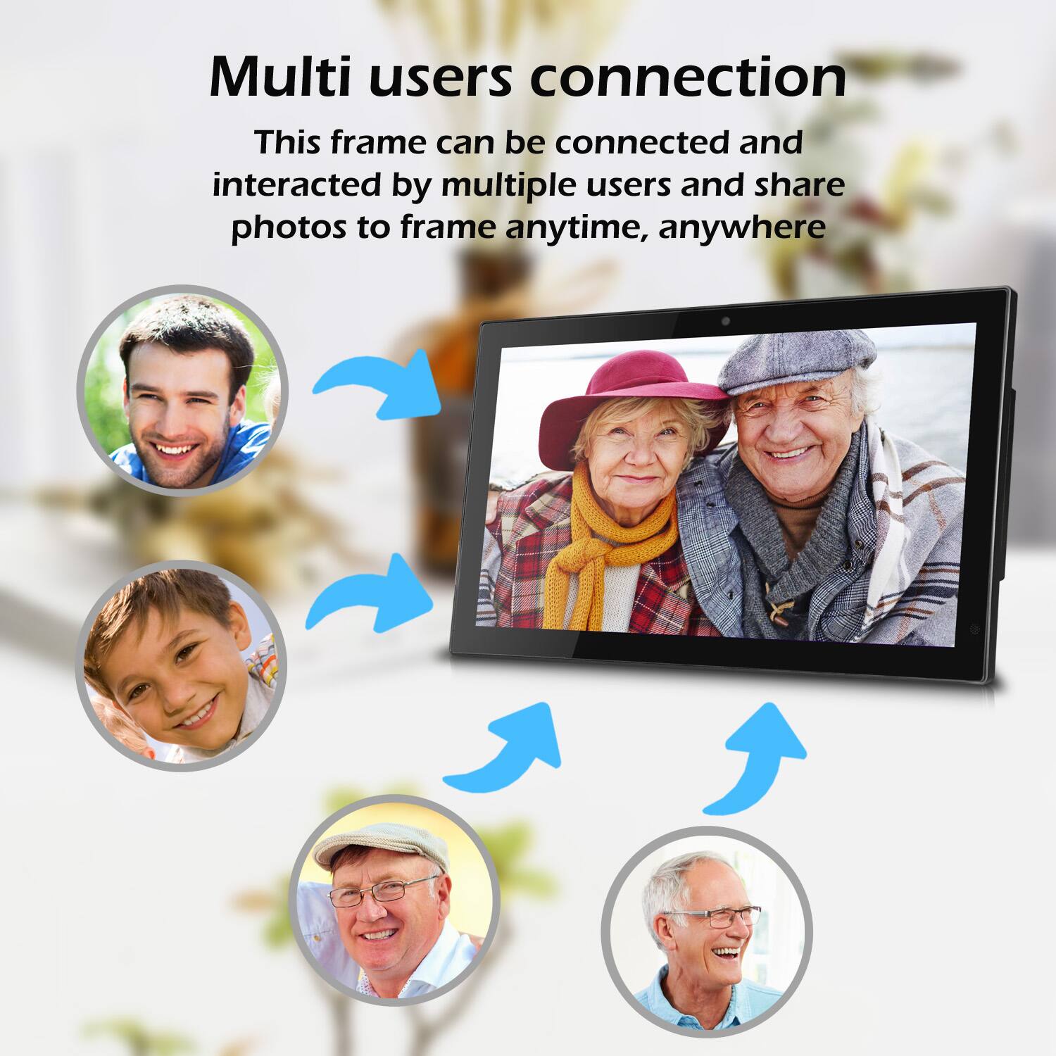 Multi users connection  
This frame can be connected and interacted by multiple users and share photos to frame anytime, anywhere
