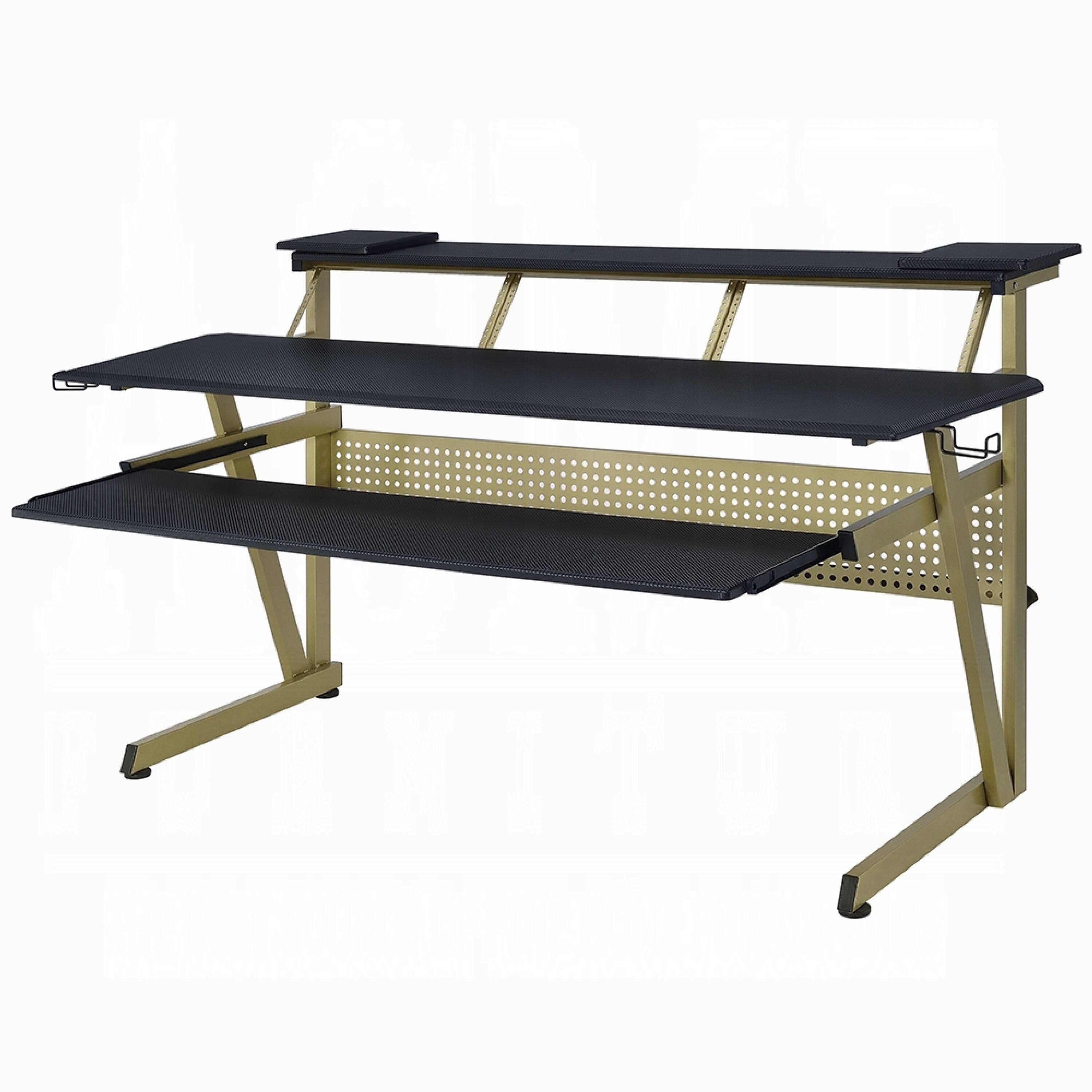 Left. Manhattan Lane - Vion 71 Inch Music Producer Desk for Computer, Black, 3 Tier Shelves - Black and Gold.