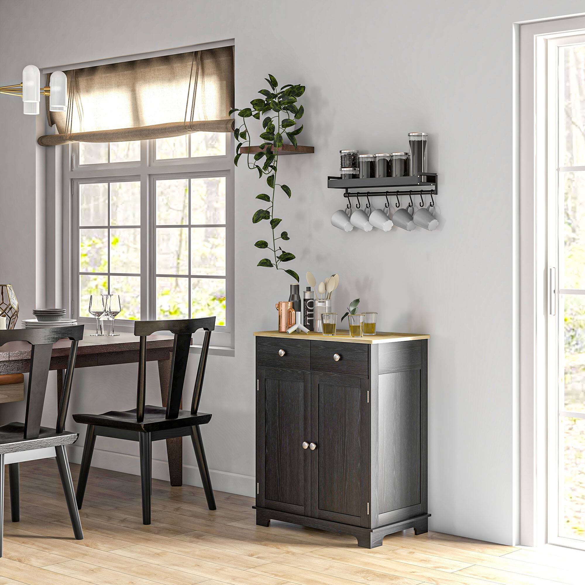 Alt View 1. Homcom - Storage Cabinet, Sideboard Floor Cupboard with Solid Wood Top, Adjustable Shelf, and 2 Drawers - Distressed Black.