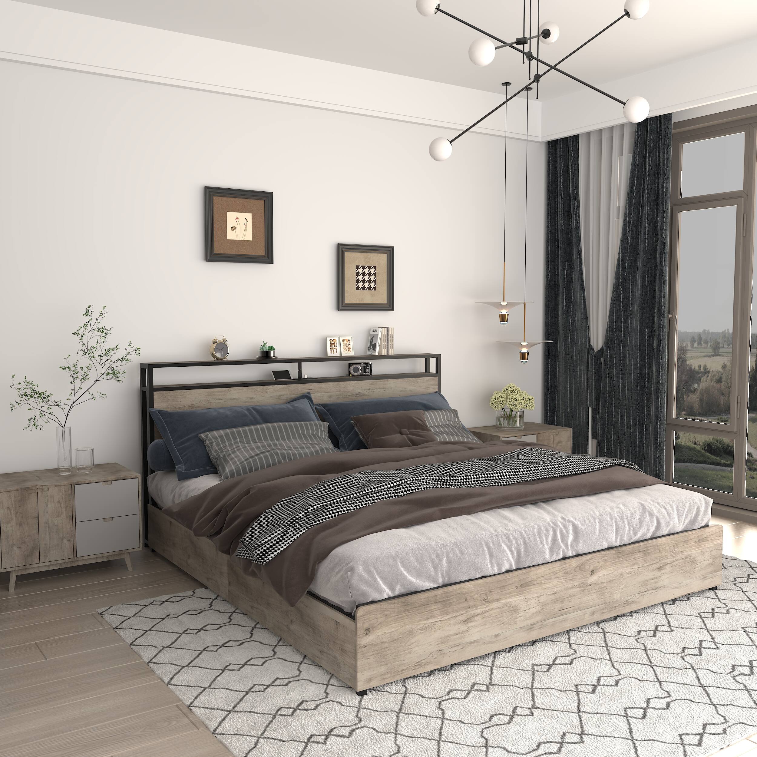 Angle. LUCKY ONE - Full Size Bed Frame with Storage Headboard and Charging Station - Gray Wash.