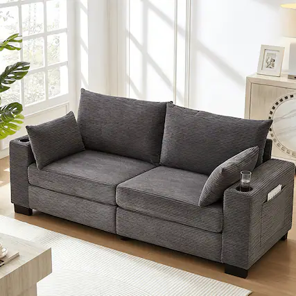 Front. Trinkets Crazed - 78" Corduroy Loveseat Sofa Couch, Comfy Couches For Living Room, Modern Sofa With Cup Holders - Gray.